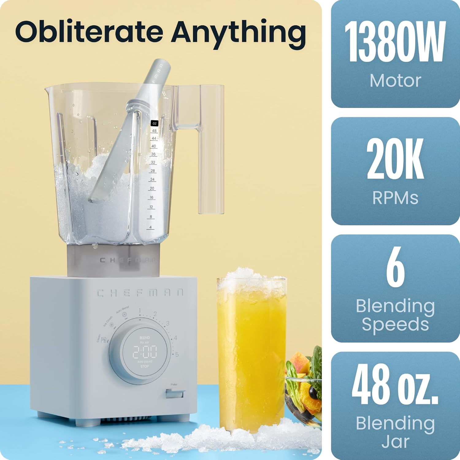 Thumbnail 2 de Chefman Obliterator 48 oz Countertop Blender: 1380W Power, Auto Blend, and Dishwasher‑Safe Cleaning