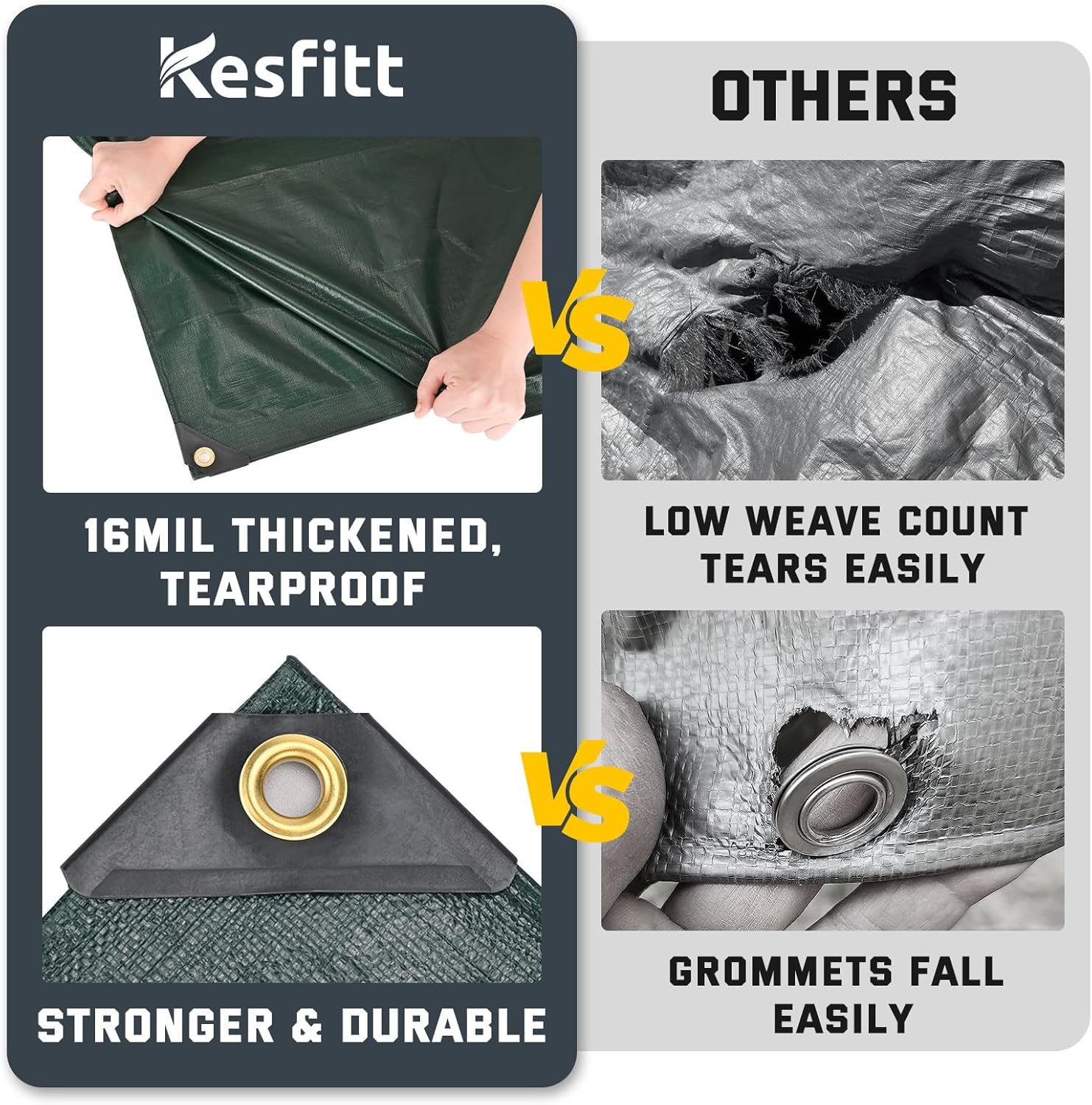 Detalle de Kesfitt 16 Mil Heavy Duty Waterproof Tarp (20x30 ft) – Dark Green & Blue Reversible Poly Tarp with Metal Grommets