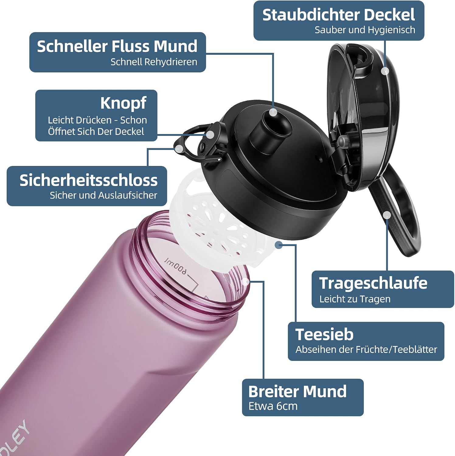 Detalle de OLDLEY Wasserflasche 650 ml mit Sieb – auslaufsichere Tritan-Trinkflasche ohne BPA
