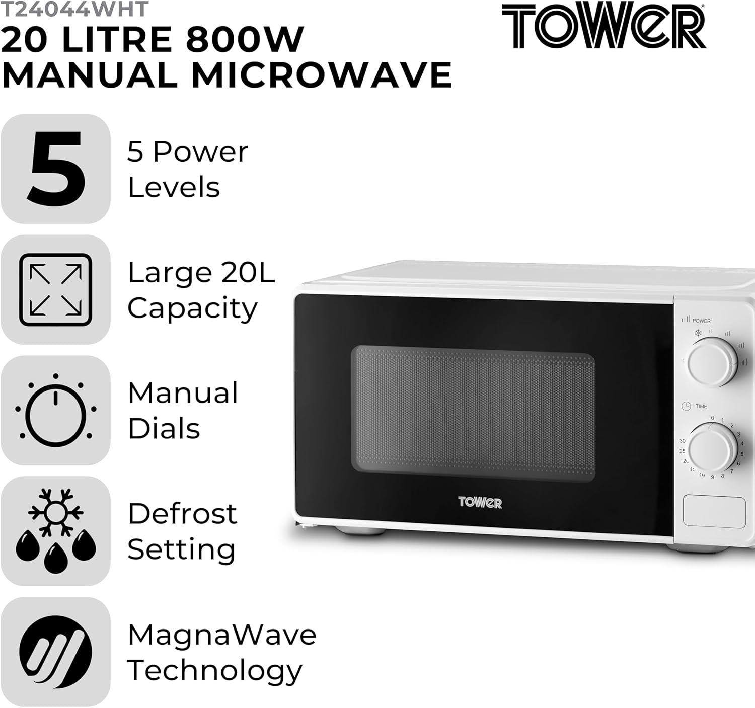 Detalle de Tower Manual 20 Litre 800W Microwave (Dial Controls) – T24044WHT