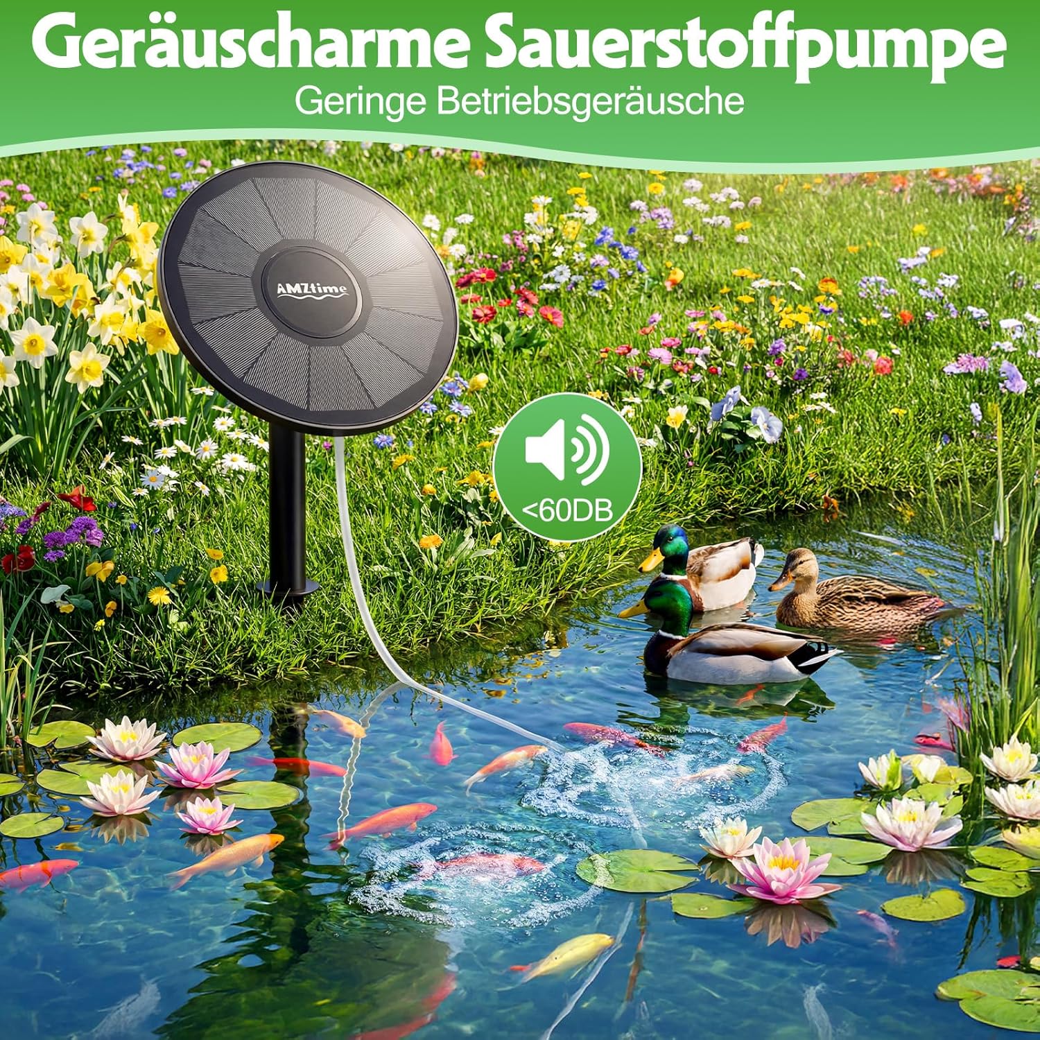 Thumbnail 3 de AMZtime Solar Sauerstoffpumpe für Gartenteich – Solar Teichbelüfter mit 2200 mAh Akku