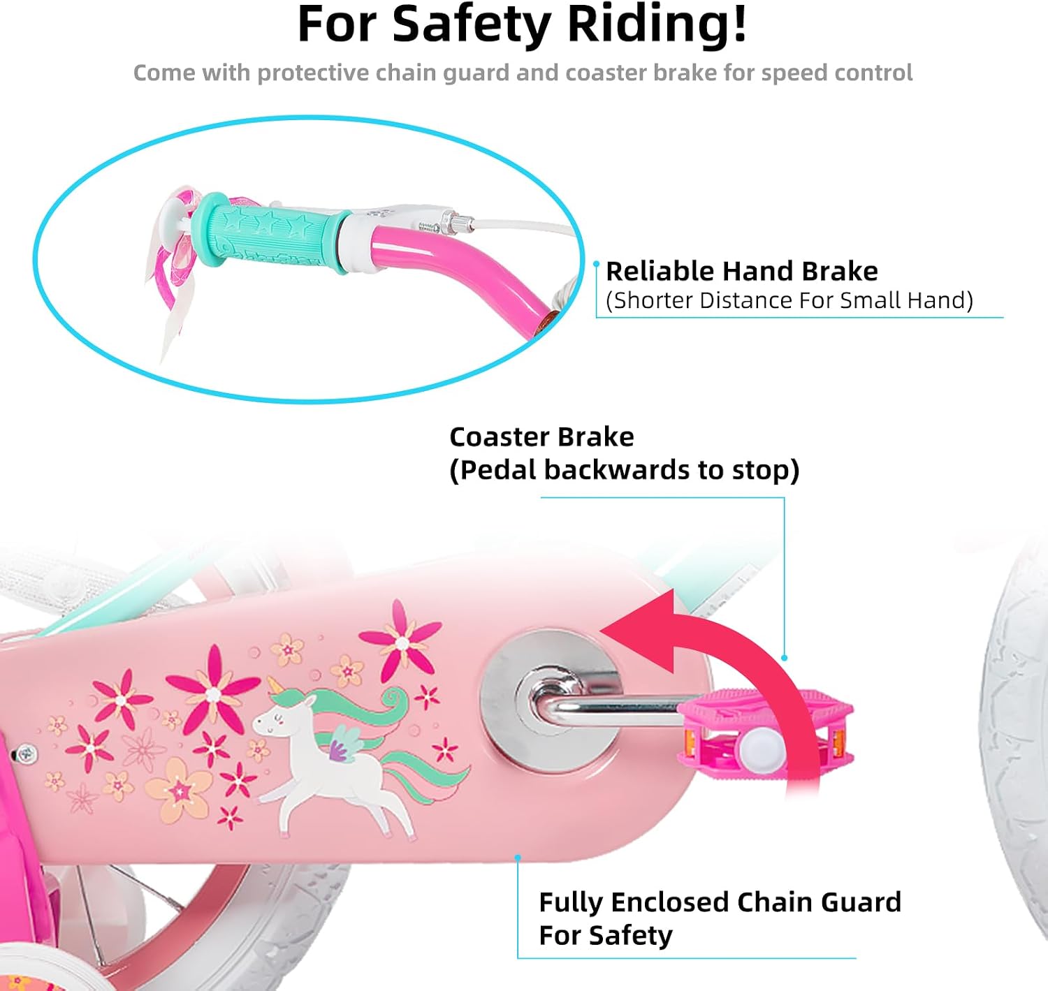 Detalle de JOYSTAR Unicorn Kids Bike for Girls (12–18 inch) with Training Wheels, Doll Seat, and Accessories