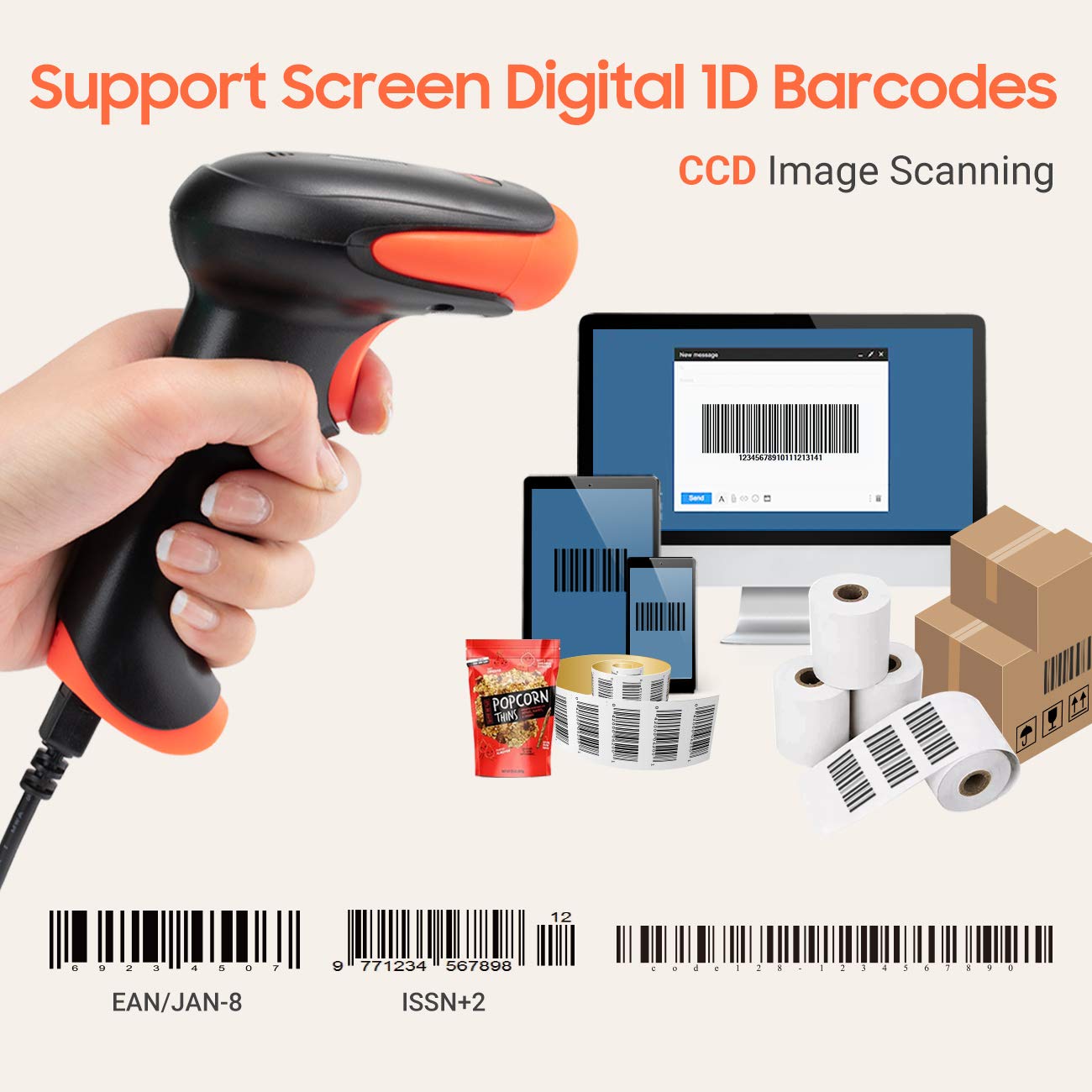 Detalle de Tera 1500C 1D Barcode Scanner – CCD, USB Wired, Handheld, Read Screen 1.5m Cable, Plug and Play