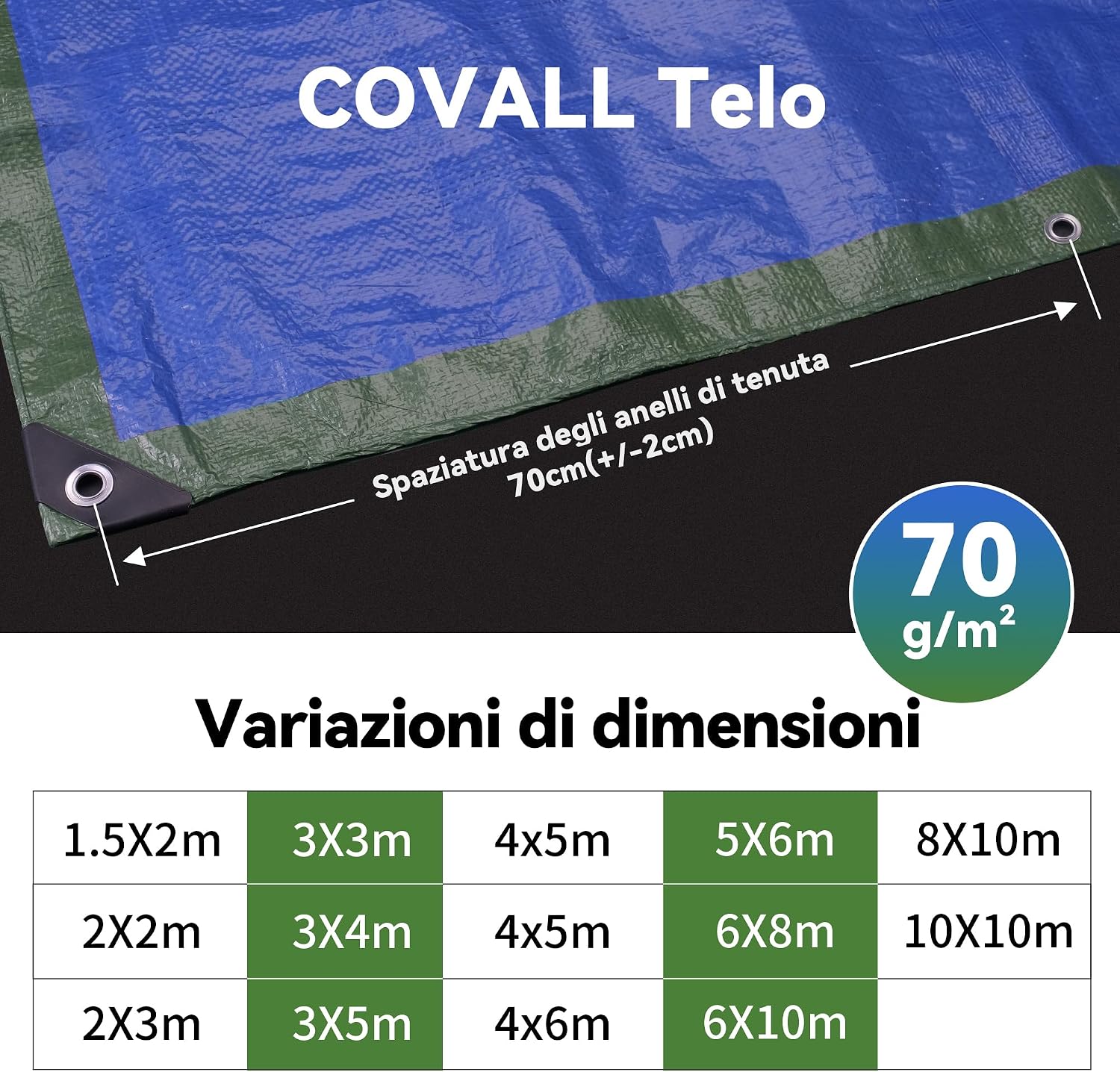 Detalle de COVALL Telone in plastica antipioggia 2x2m – telo impermeabile HDPE 70 g/m², verde/blu, protezione UV