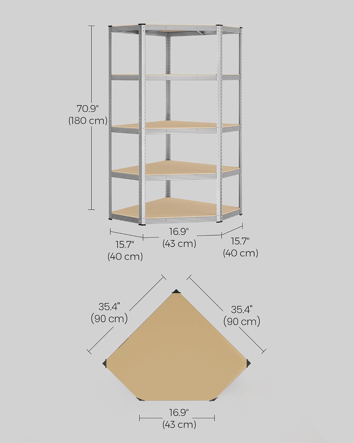Detalle de SONGMICS GLR080E01 5-Tier Corner Shelf, 875 kg Capacity, Silver