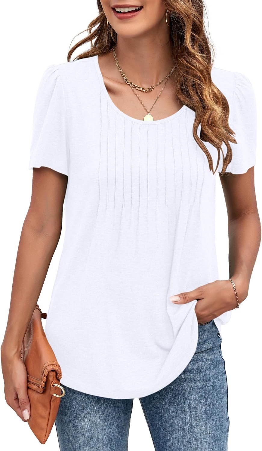 Thumbnail 1 de MOLERANI Women’s UK Round Neck Loose Front Pleated T Shirt (Short Sleeve, Summer)