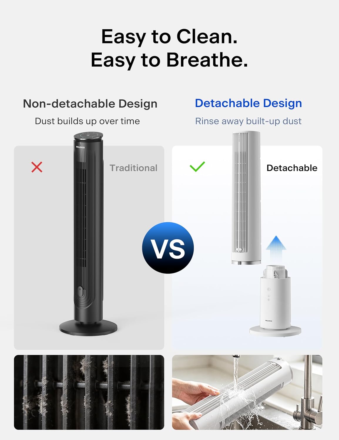 Detalle 2 de Pelonis 40-Inch Tower Fan for Bedroom with Washable Design, 2000 CFM, 4 Speeds + 2 Modes, 90° Oscillation