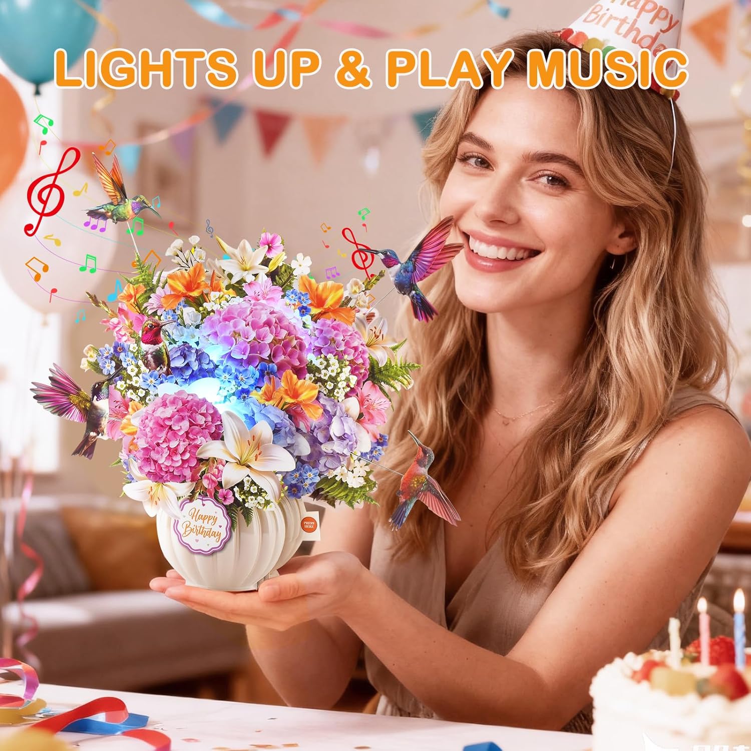 Thumbnail 4 de VIVIKEN Musical Hummingbird Pop-Up Birthday Card with Lights, A5 Floral Design