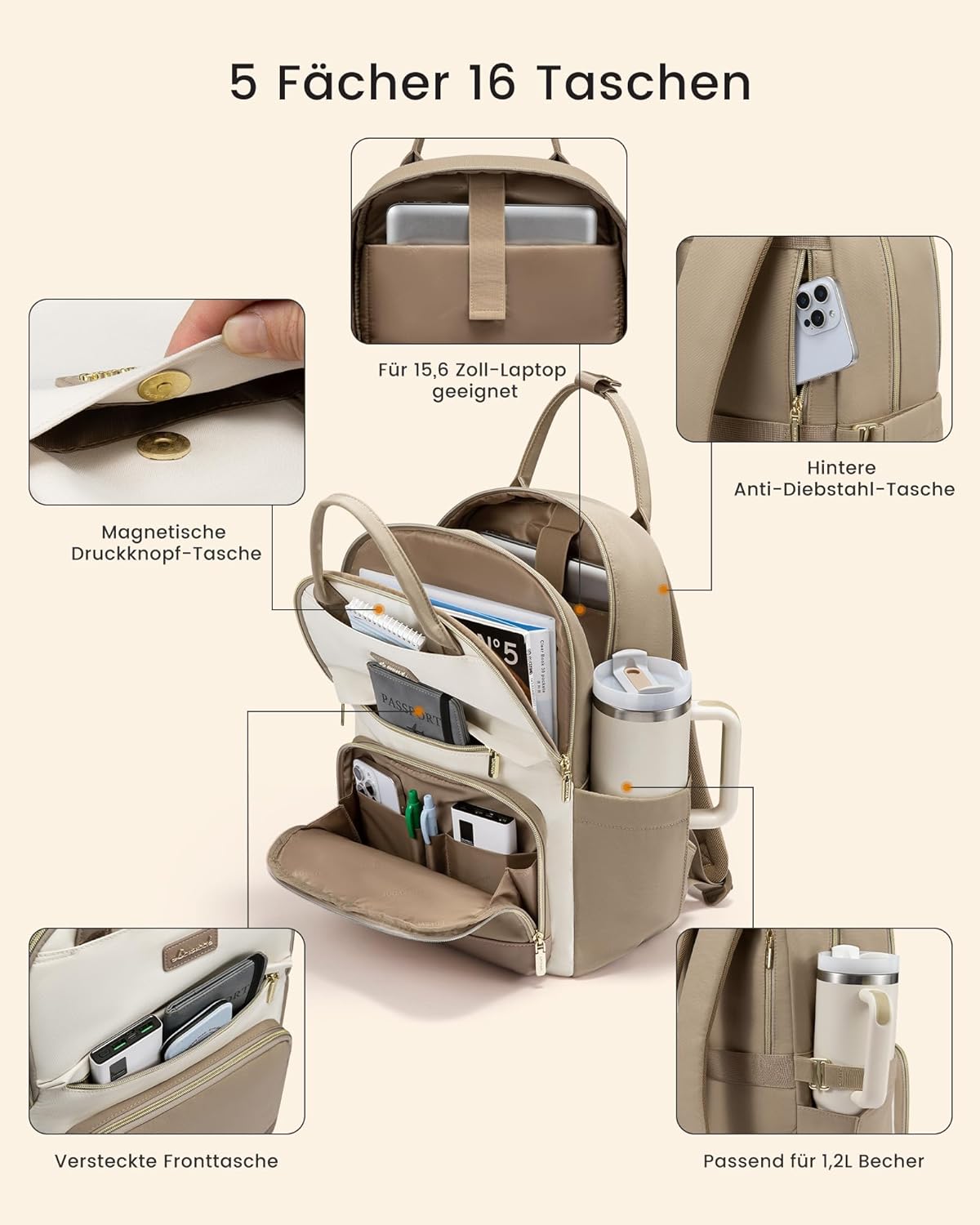 Detalle de LOVEVOOK Rucksack Damen 15,6 Zoll Khaki Beige