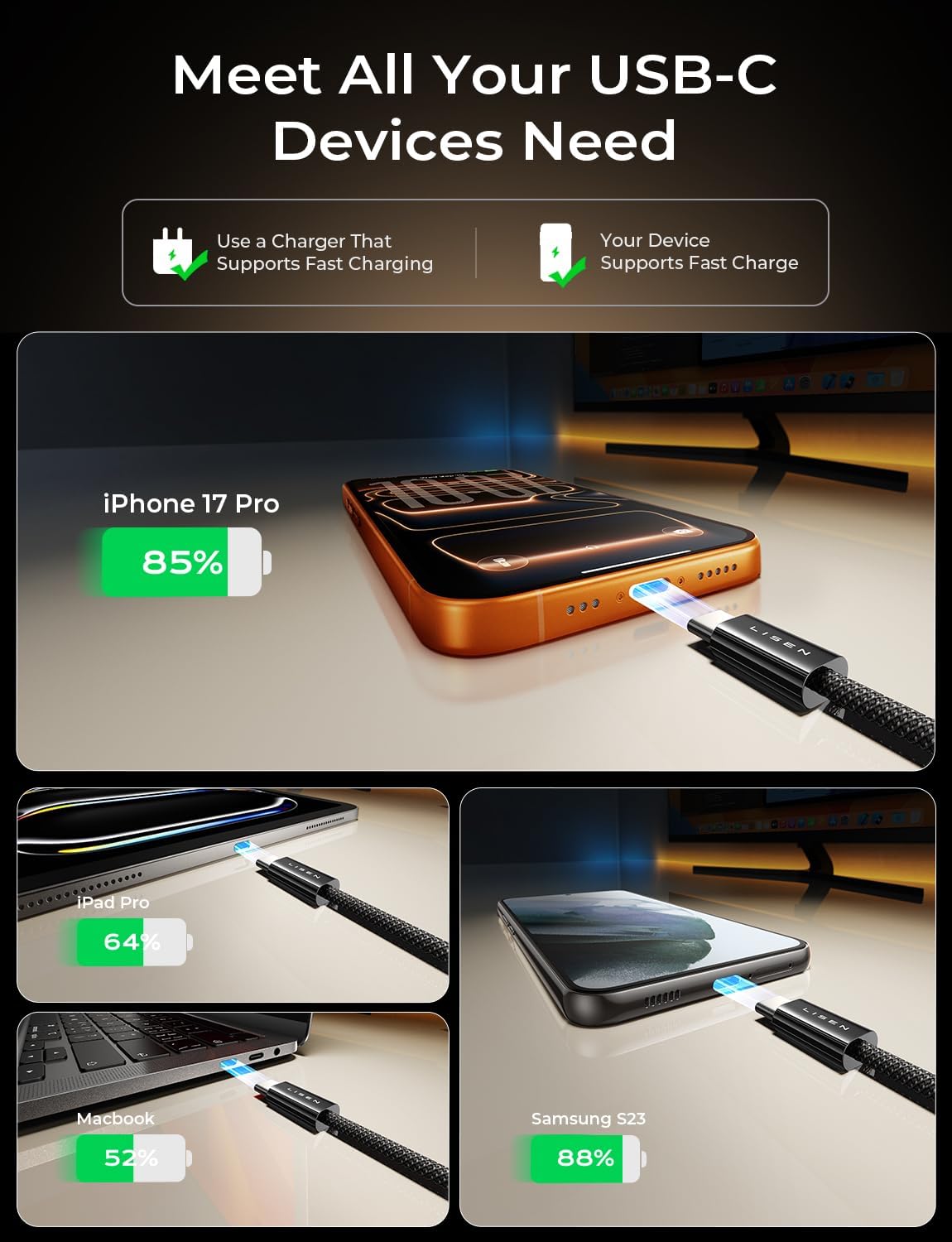 Thumbnail 2 de LISEN USB‑C to USB‑C Charger Cable 60W 4‑Pack 🔌