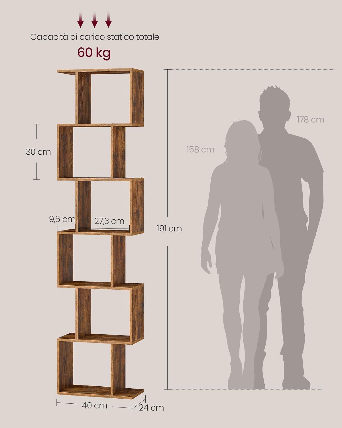 Detalle de VASAGLE CUSTOS Collezione - Scaffale a 6 Ripiani in Marrone Vintage, 24 x 40 x 191 cm