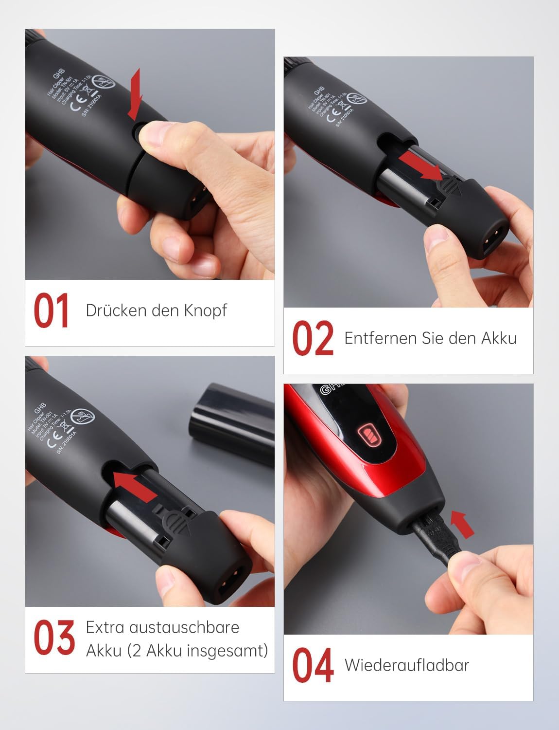Detalle 2 de GHB Haarschneidemaschine Akku Haarschneider – kabellos, 2 Lithium-Akkus & 14-teiliges Set