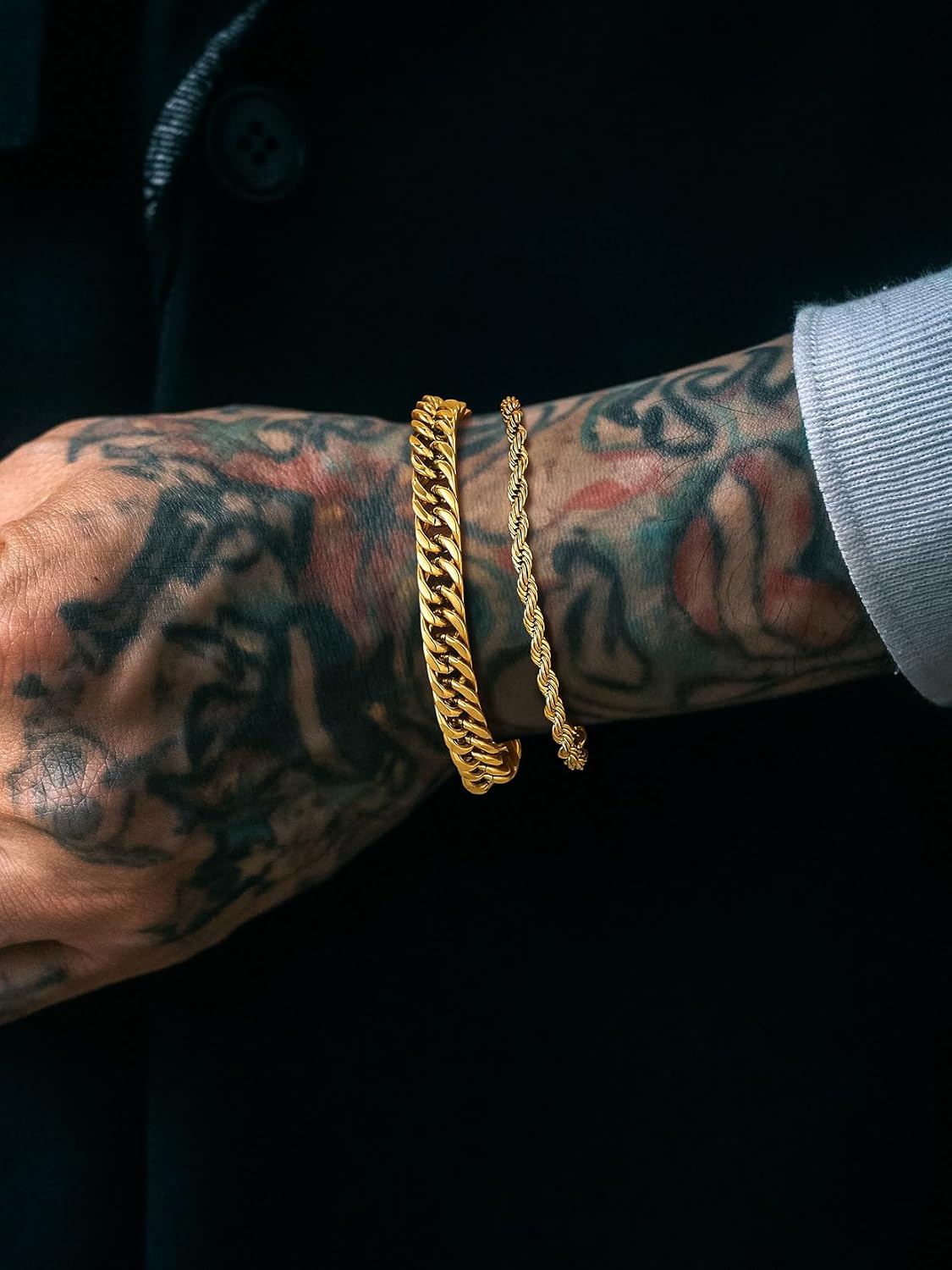 Detalle 2 de Richsteel Herren Edelstahl Armband-Set (2/3-teilig), stapelbar in Schwarz/Stahl/Gold – 9/8/4 mm, Längen 19/21/23 cm