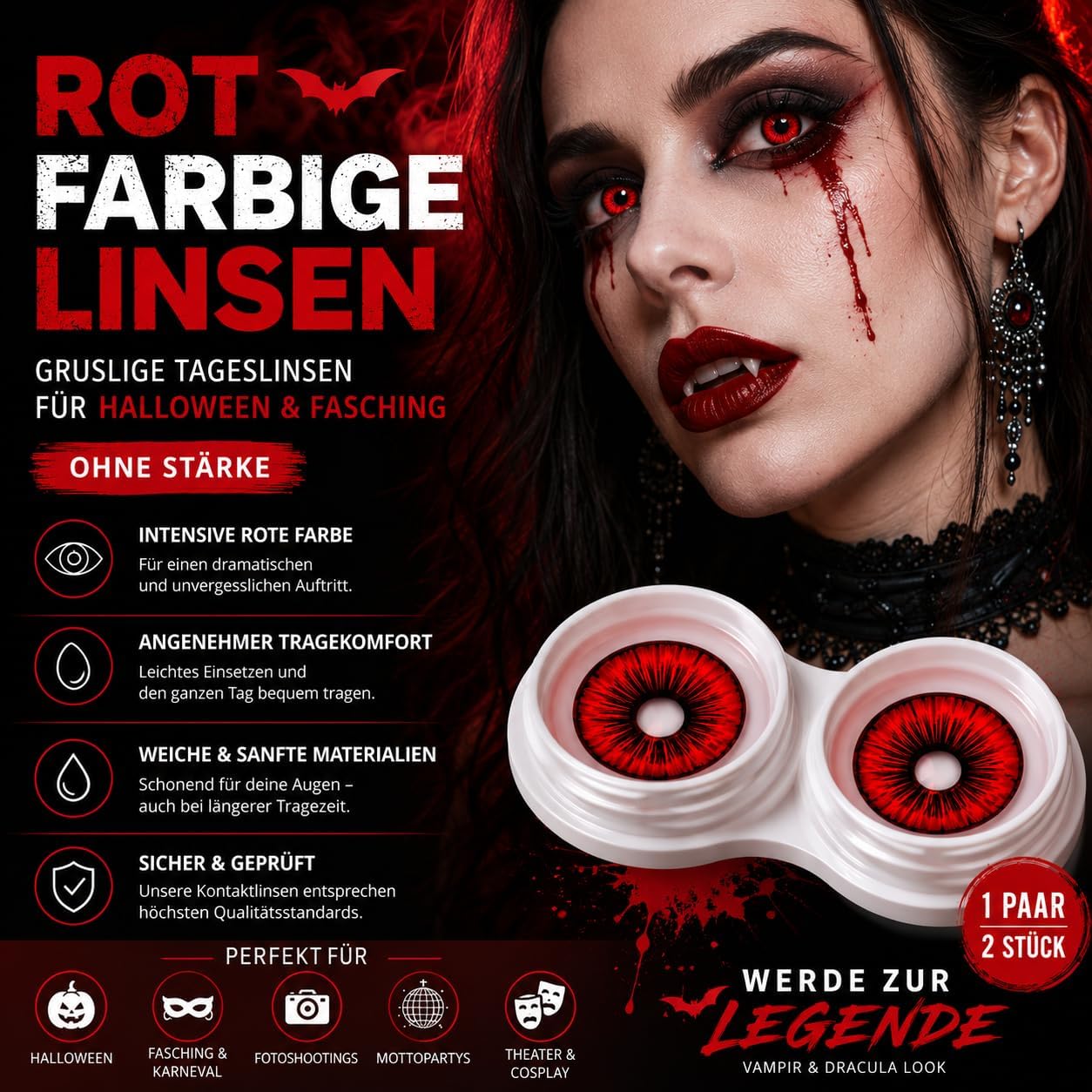 Detalle 2 de Costumed rode daglenzen zonder sterkte voor Halloween en carnaval