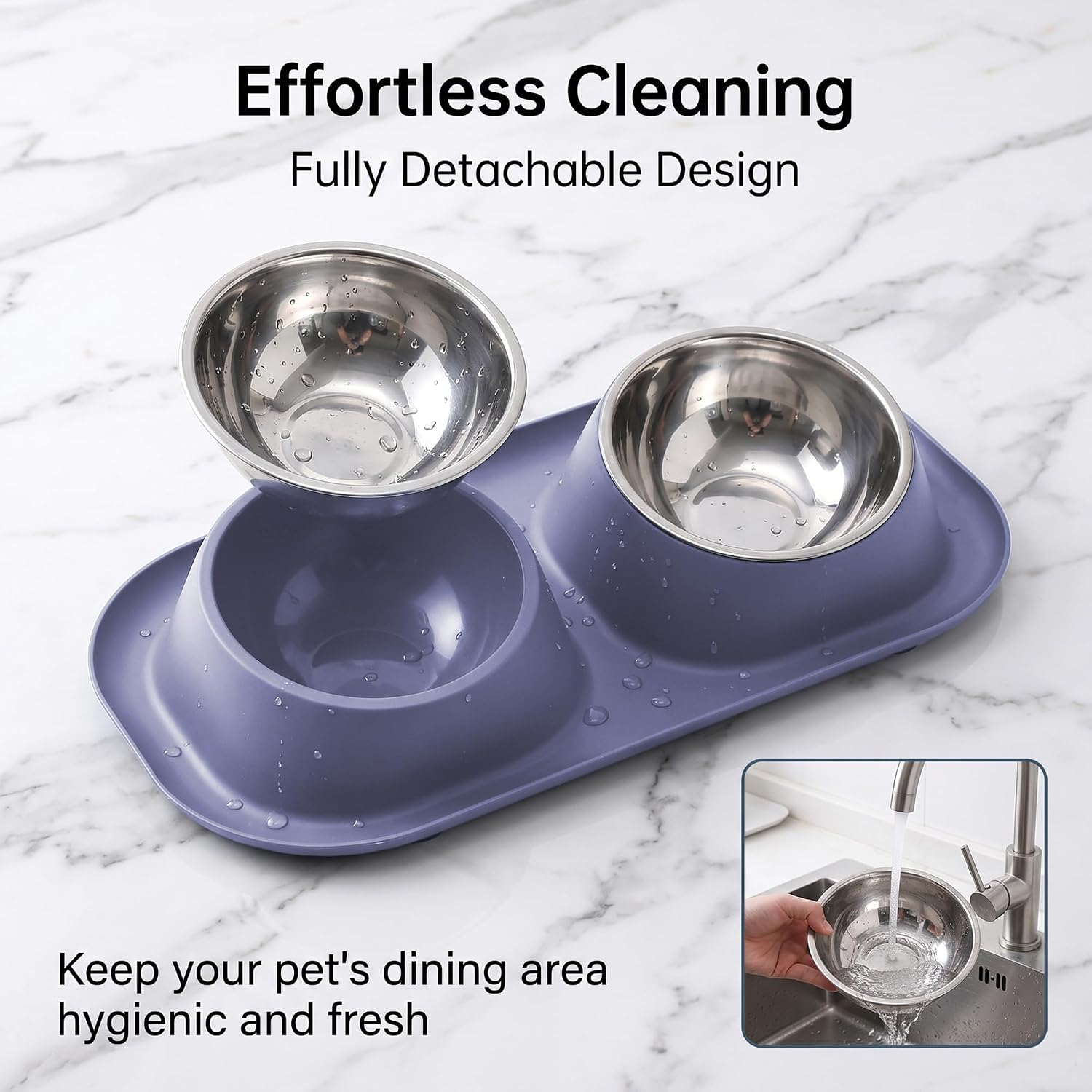 Detalle de Suhaco Raised Double Dog Bowl with Stainless Steel Bowls – Grey