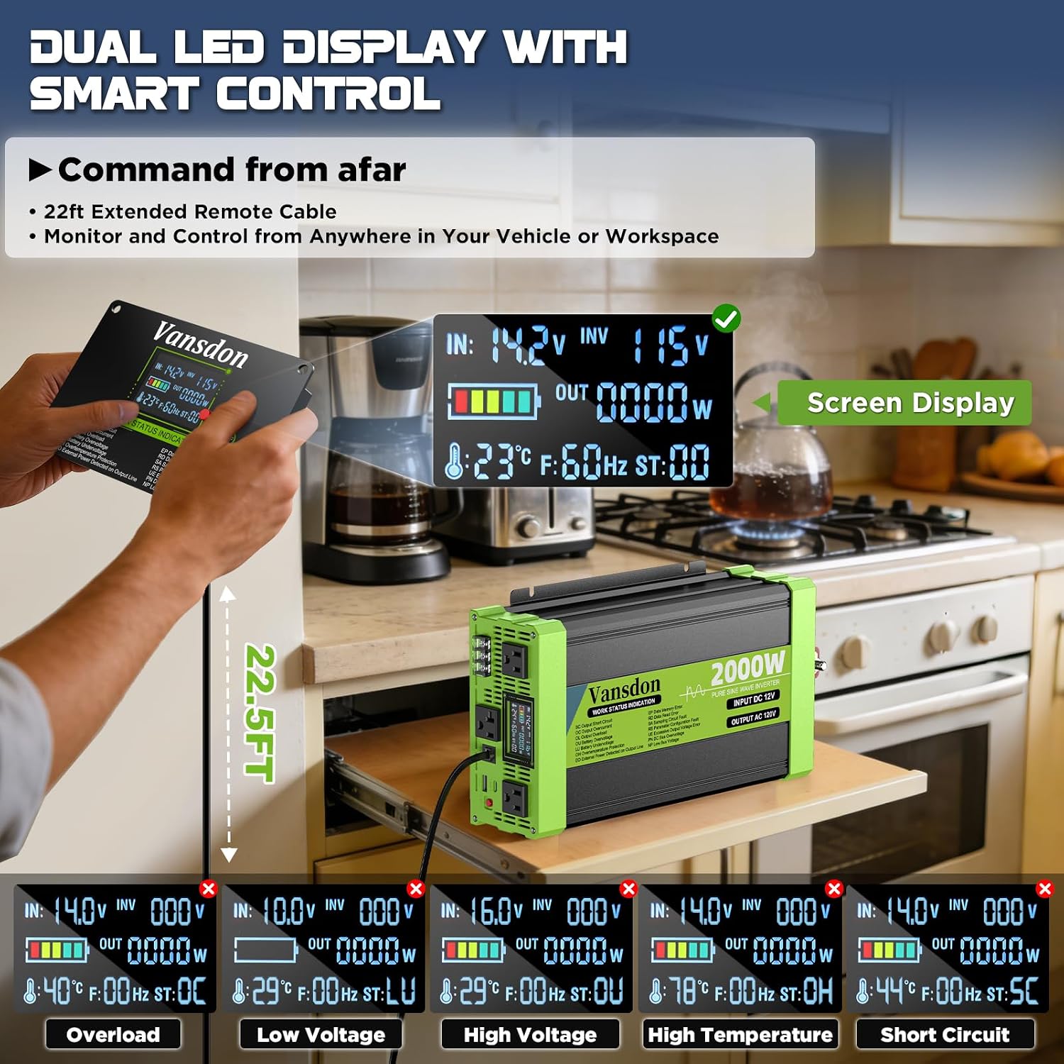 Thumbnail 6 de Vansdon 2000W Pure Sine Wave Inverter (12V DC to 120V AC) for RV, Truck, Solar, Home Off-Grid Use