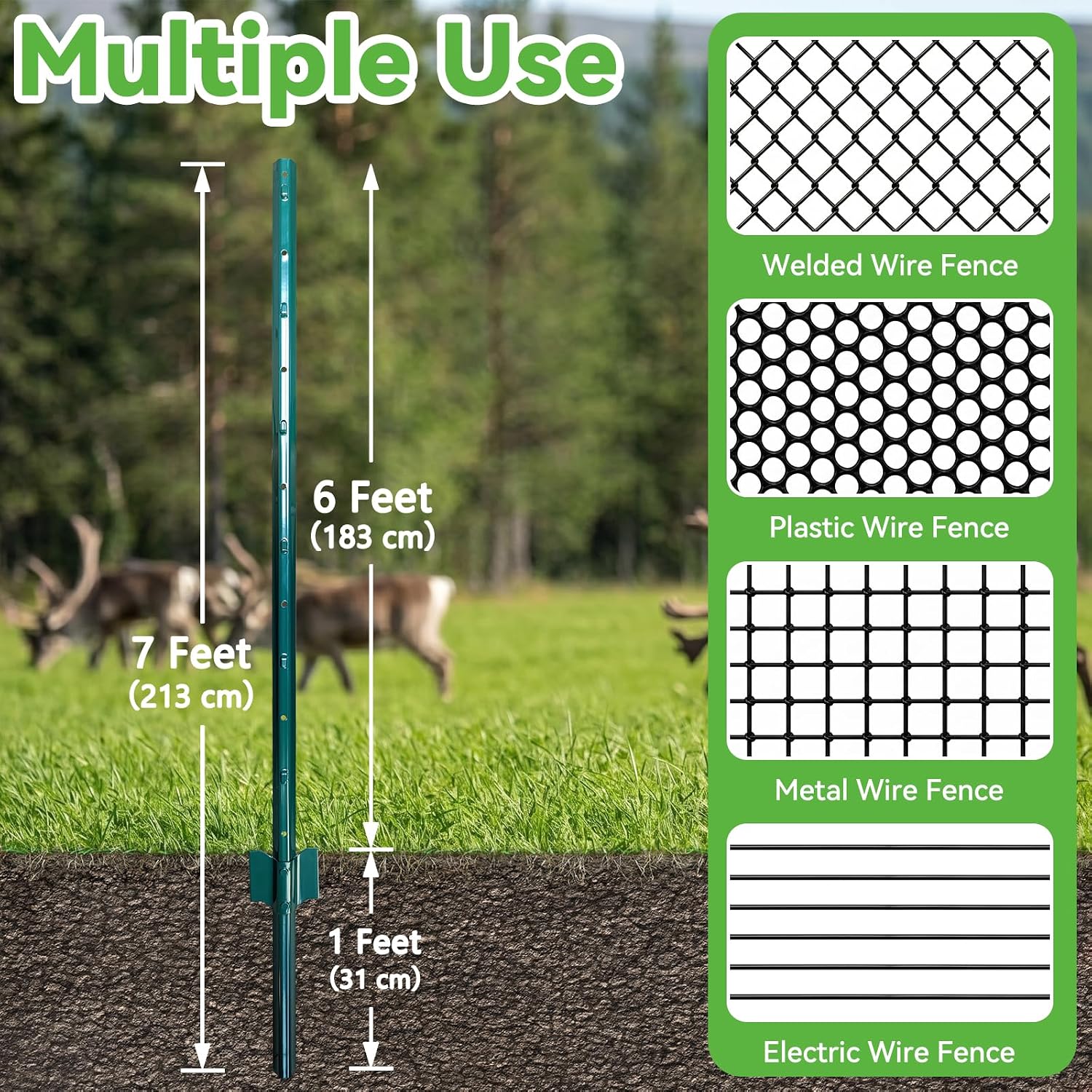 Detalle de Thealyn 7 ft (213 cm) U fence posts, pack of 10 – galvanised steel for 5 ft wire fence mesh