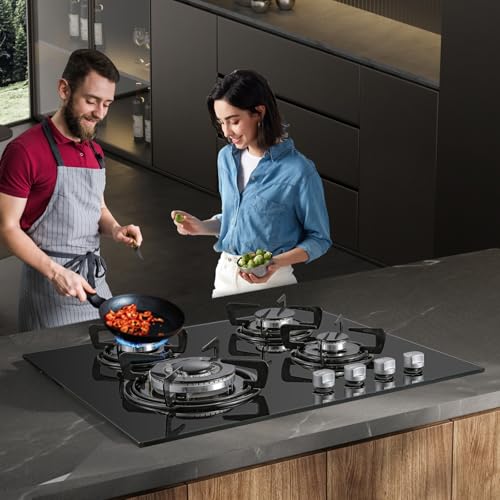 Detalle de TopStrong Piano Cottura a Gas 4 Fuochi in Vetro Nero – 8060 W, FFD, NG/LPG