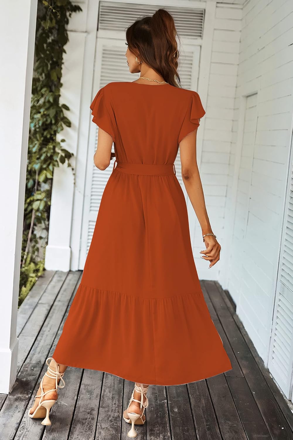 Detalle de PRETTYGARDEN Women's Summer Floral Boho Maxi Dress - Wrap V-Neck, Ruffle Hem, Short Sleeves