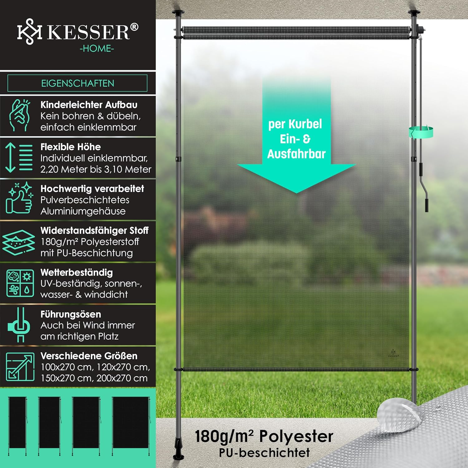 Thumbnail 1 de KESSER® Toldo vertical extensible 120x310 cm ☂️ Resistente al viento