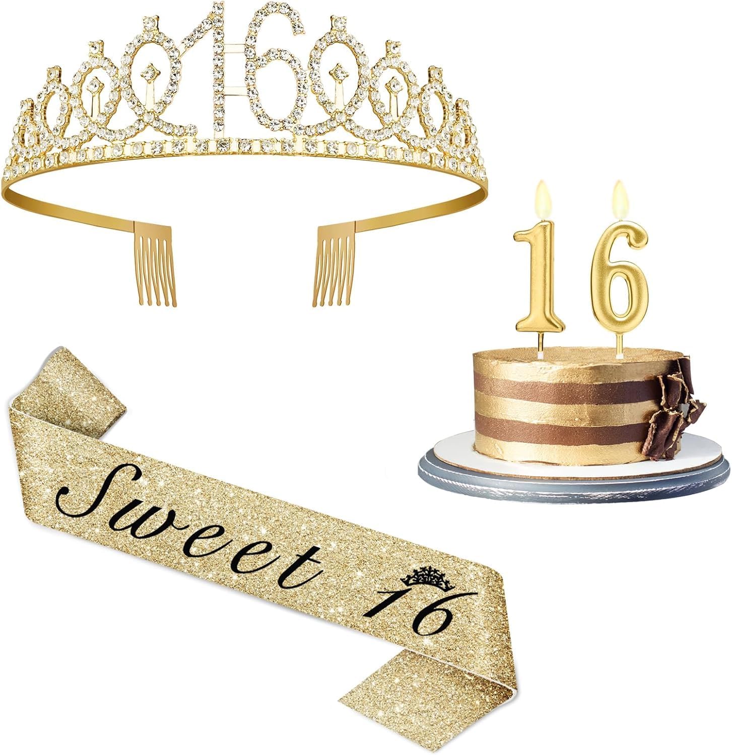 Detalle de Amosking Sweet 16 birthday decorations set with 16 sash, tiara and gold number 16 candles