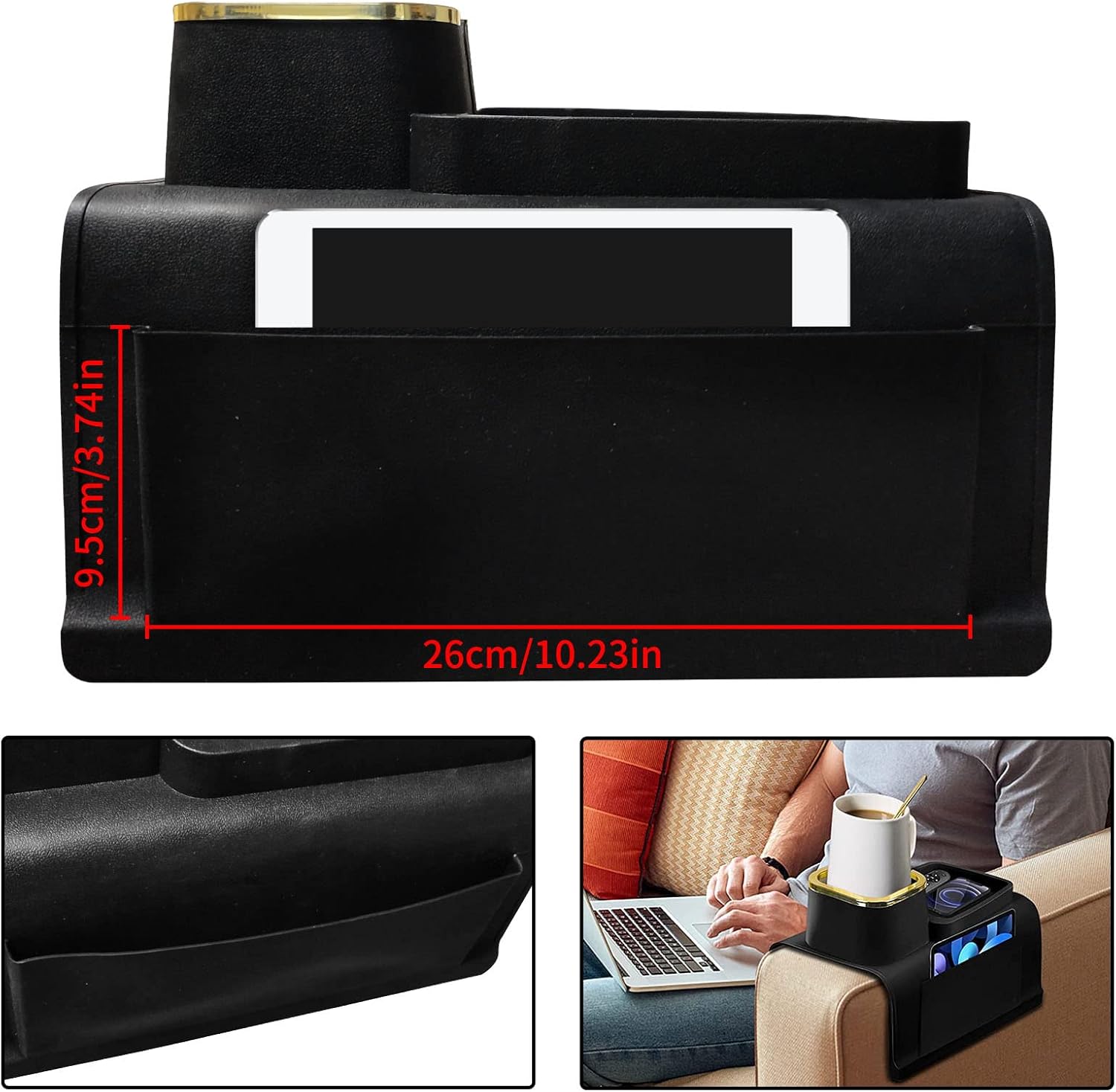 Thumbnail 4 de IULONEE Large Capacity Sofa Armrest Tray with Cup Holder (Black) – anti-slip, silicone couch arm drink holder