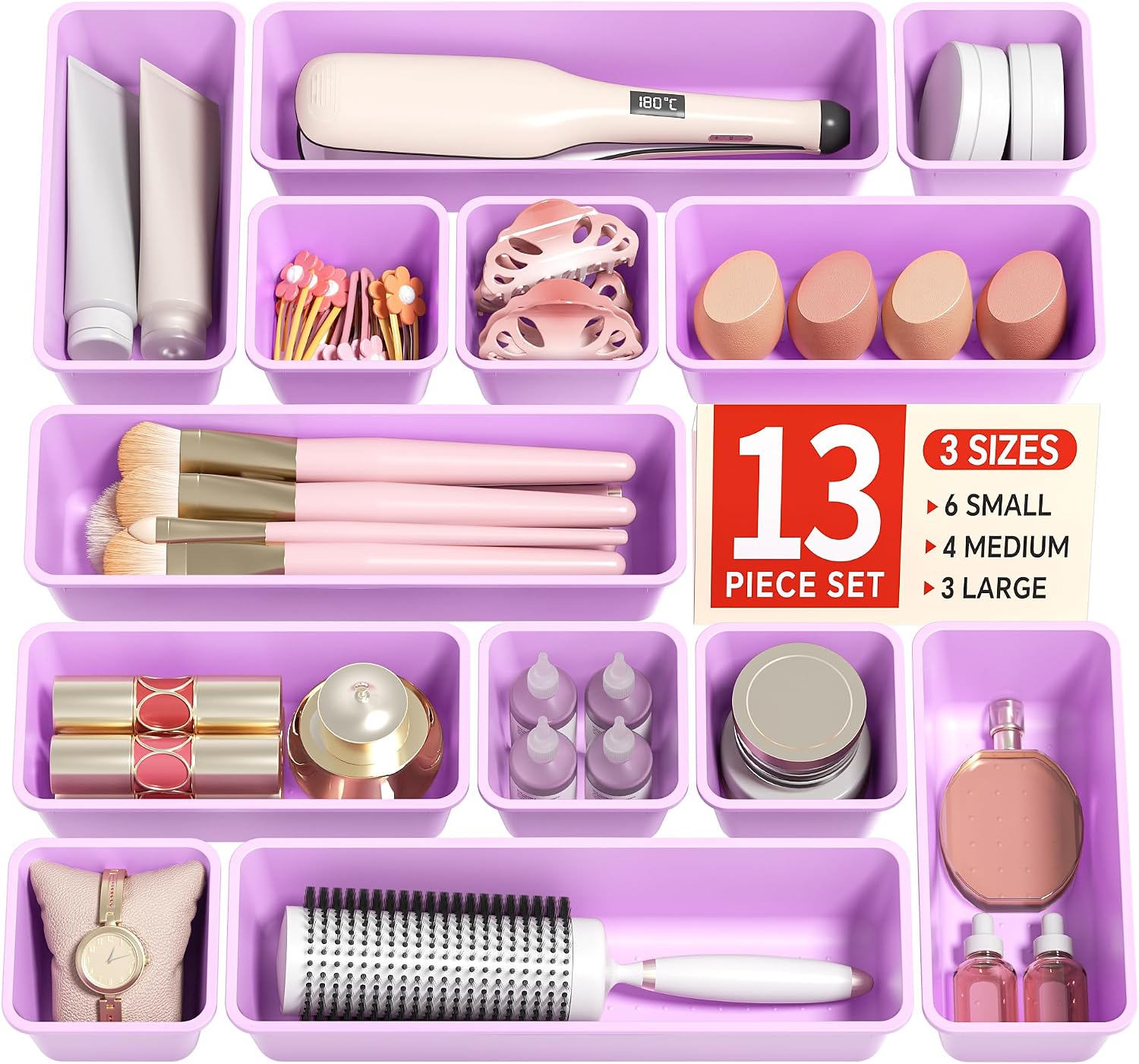 Detalle de Canfanni CT13-Purple 13-Piece Plastic Drawer Organizer Set, 3 Sizes