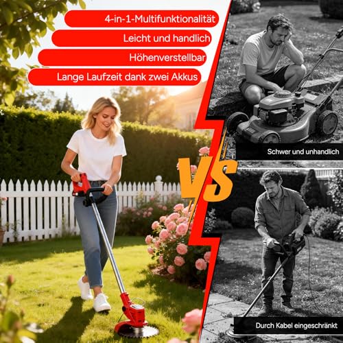Thumbnail 7 de OUTIGO Akku-Rasentrimmer mit zwei Akkus, 21V, 4 Messertypen + Gartenschere – verstellbarer Teleskop-Führungsholm