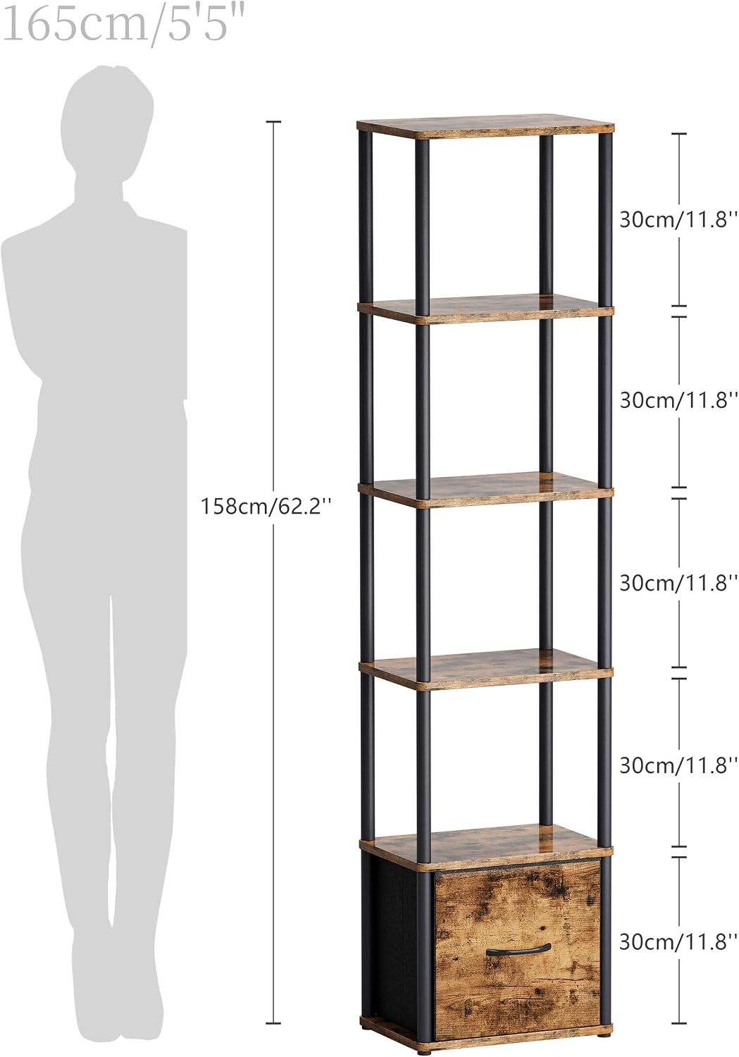Detalle 2 de YAUKTAK Libreria Angolare a 6 Ripiani con Cassetto – Marrone Rustico (HBC505R)