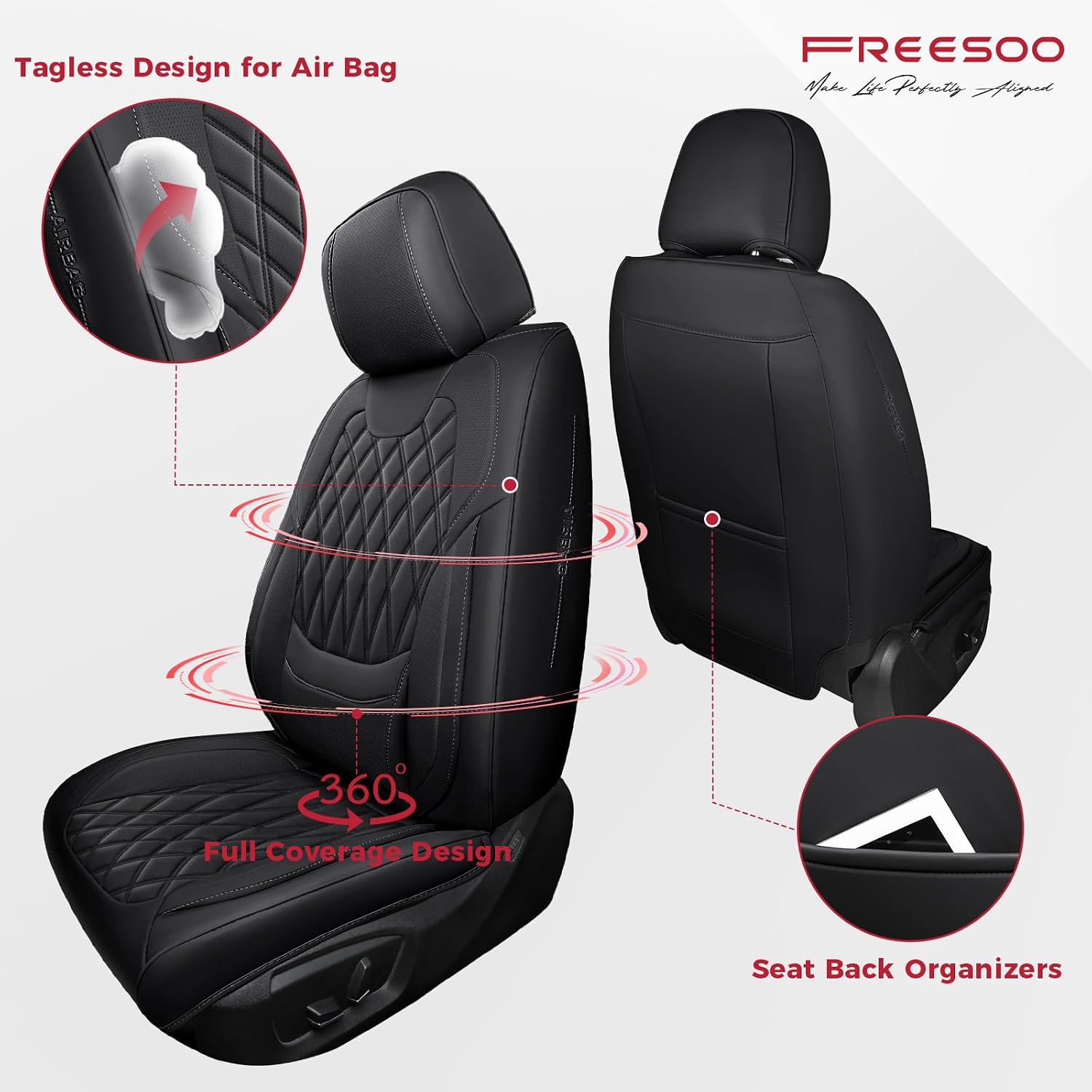 Thumbnail 1 de FREESOO Black Car Seat Covers Full Set – Faux Nappa Leather, Breathable & Waterproof with Lumbar Support