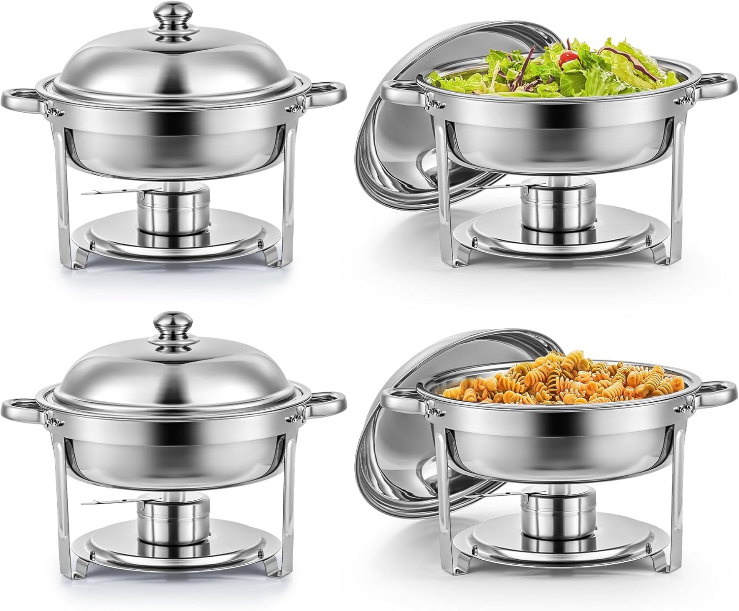 Wilprep Chafing Dish Buffet Set of 4 (Round Stainless Steel) – 5L food warmer trays with lids