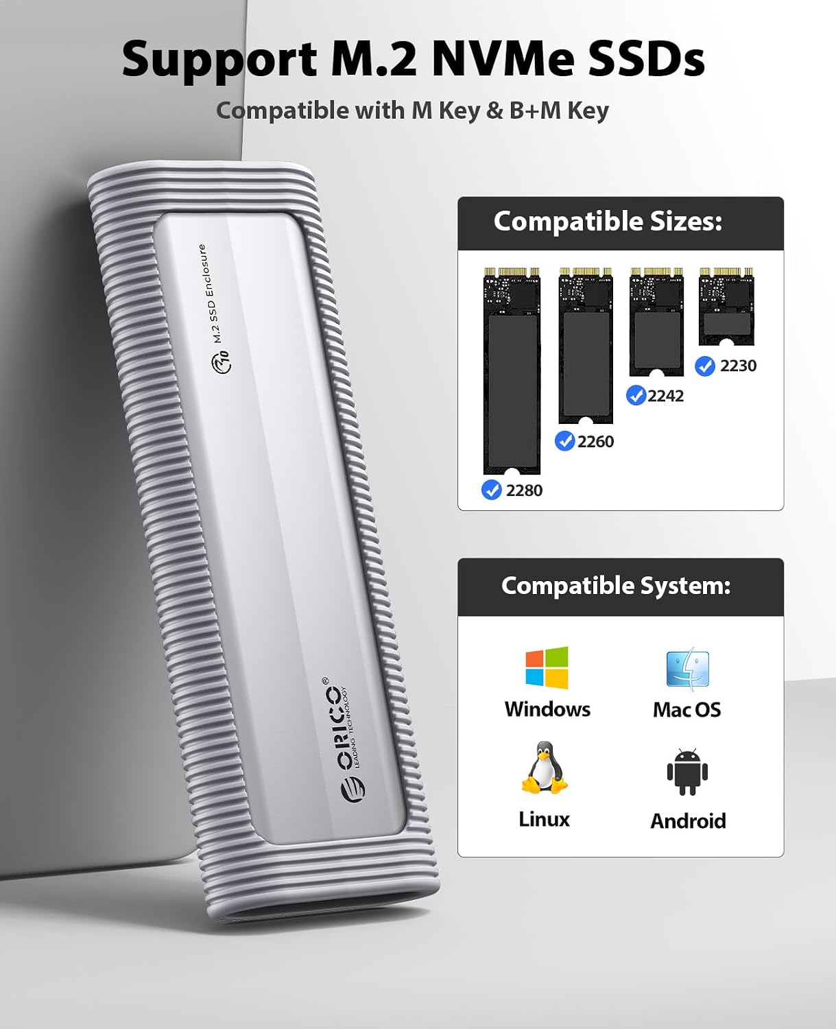Detalle de ORICO Boîtier SSD M.2 NVMe sans outil AXM2 (USB 3.2 10Gbps) avec protection silicone et dragonne