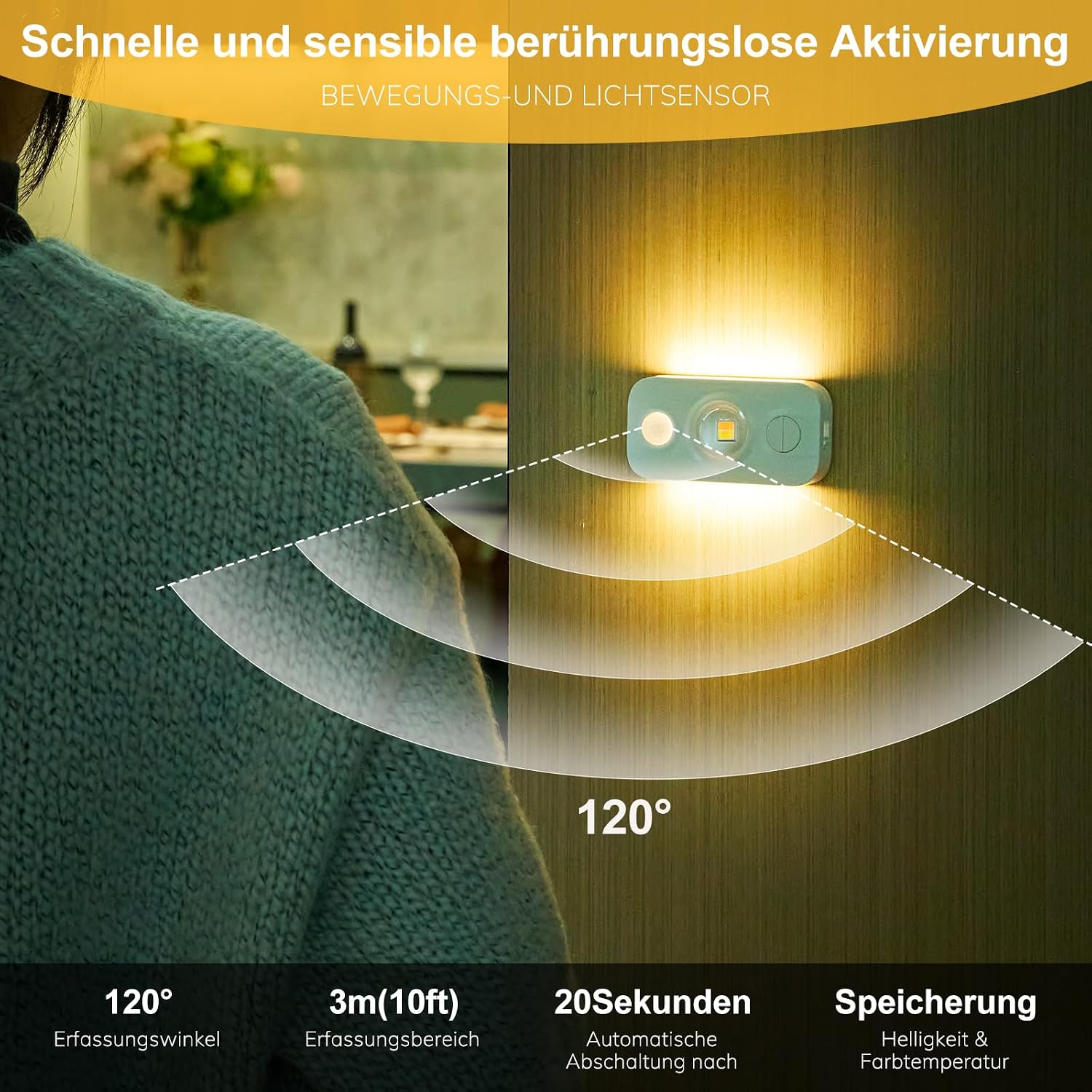 Detalle 2 de Auting Mini Schrankbeleuchtung mit Bewegungsmelder – USB-Aufladbar, 3 Farben, Dimmbare Warmweiß-Nachtlicht-Funktion