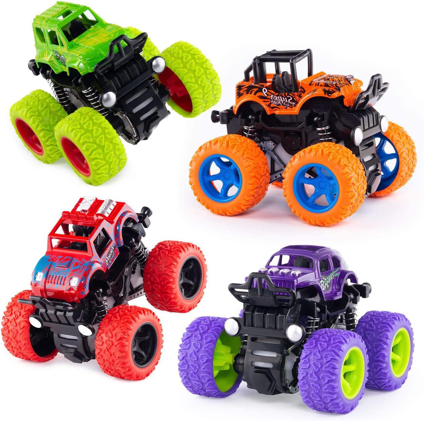Detalle de ANAOER 4 Pack Monster Trucks: Friction-Powered Pull-Back Toys for Toddlers and Kids
