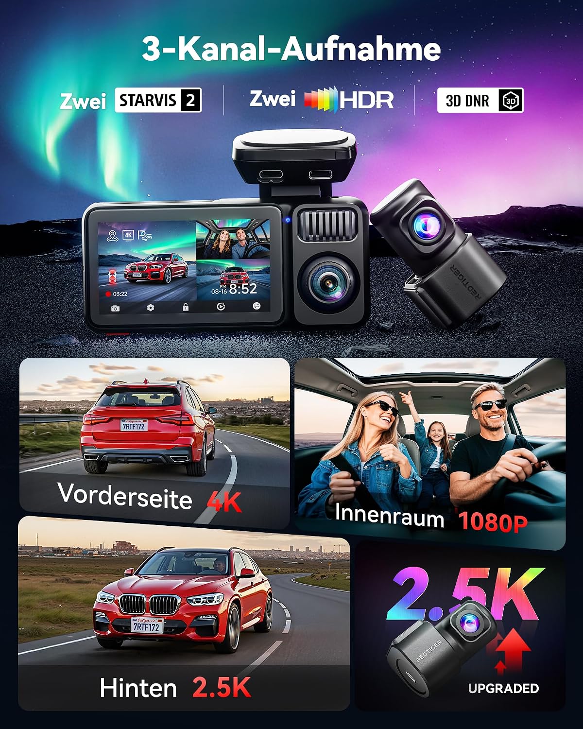 Detalle 2 de REDTIGER F17 Elite 4K Dreikanal-Dashcam mit 128GB Speicher