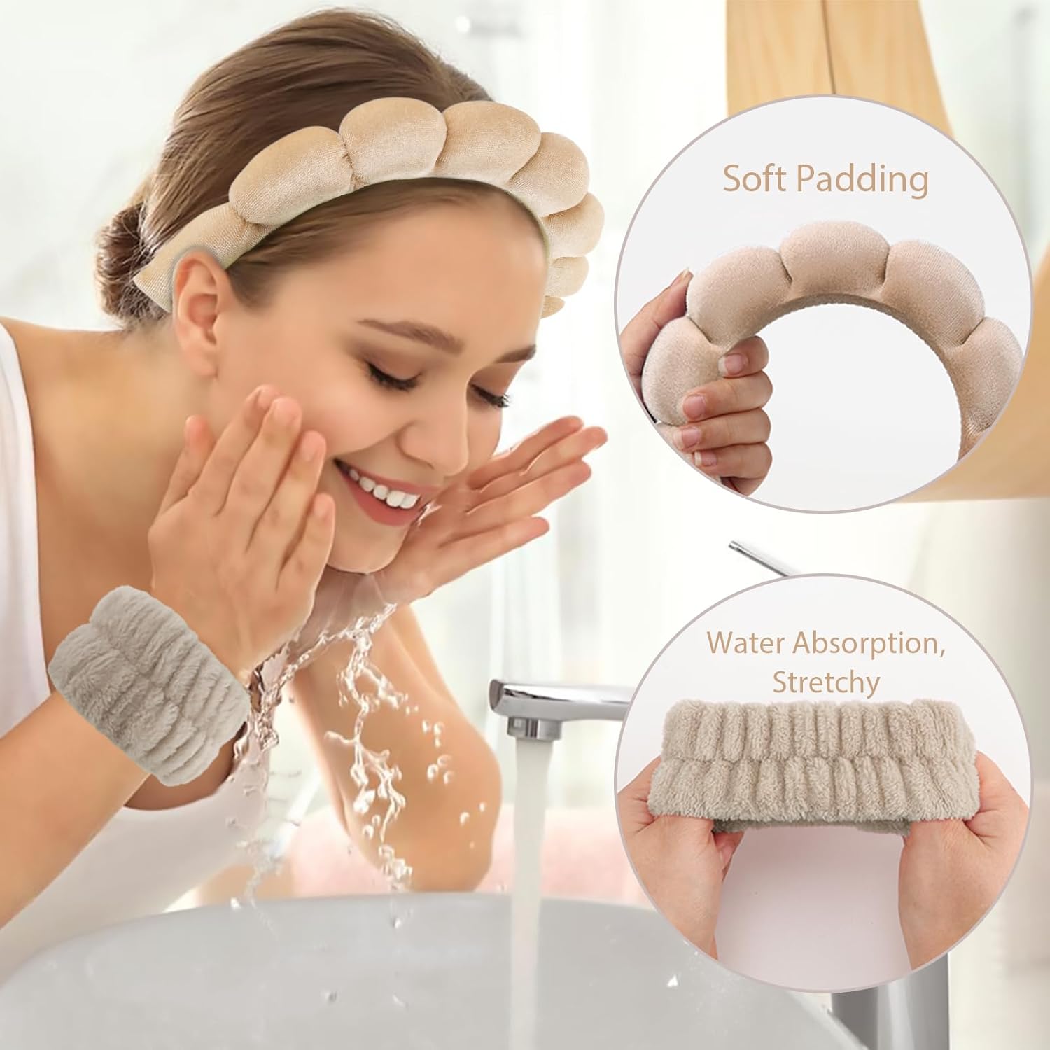 Detalle 2 de DRESHOW spa headband and wristband set for face washing and skincare