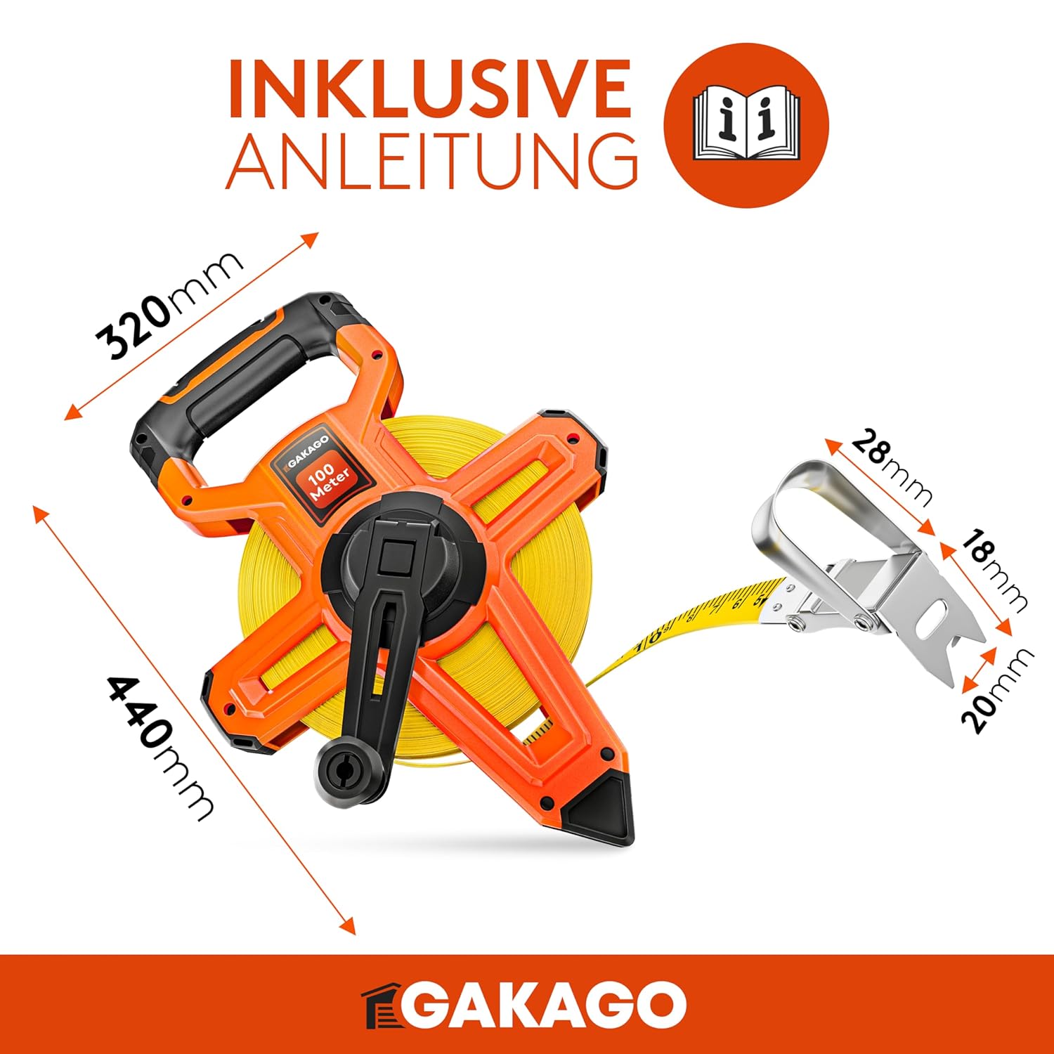 Thumbnail 3 de Gakago Bandmaß 100 m mit 3-fach Übersetzung und klappbarem Hebel – rutschfester Haltegriff