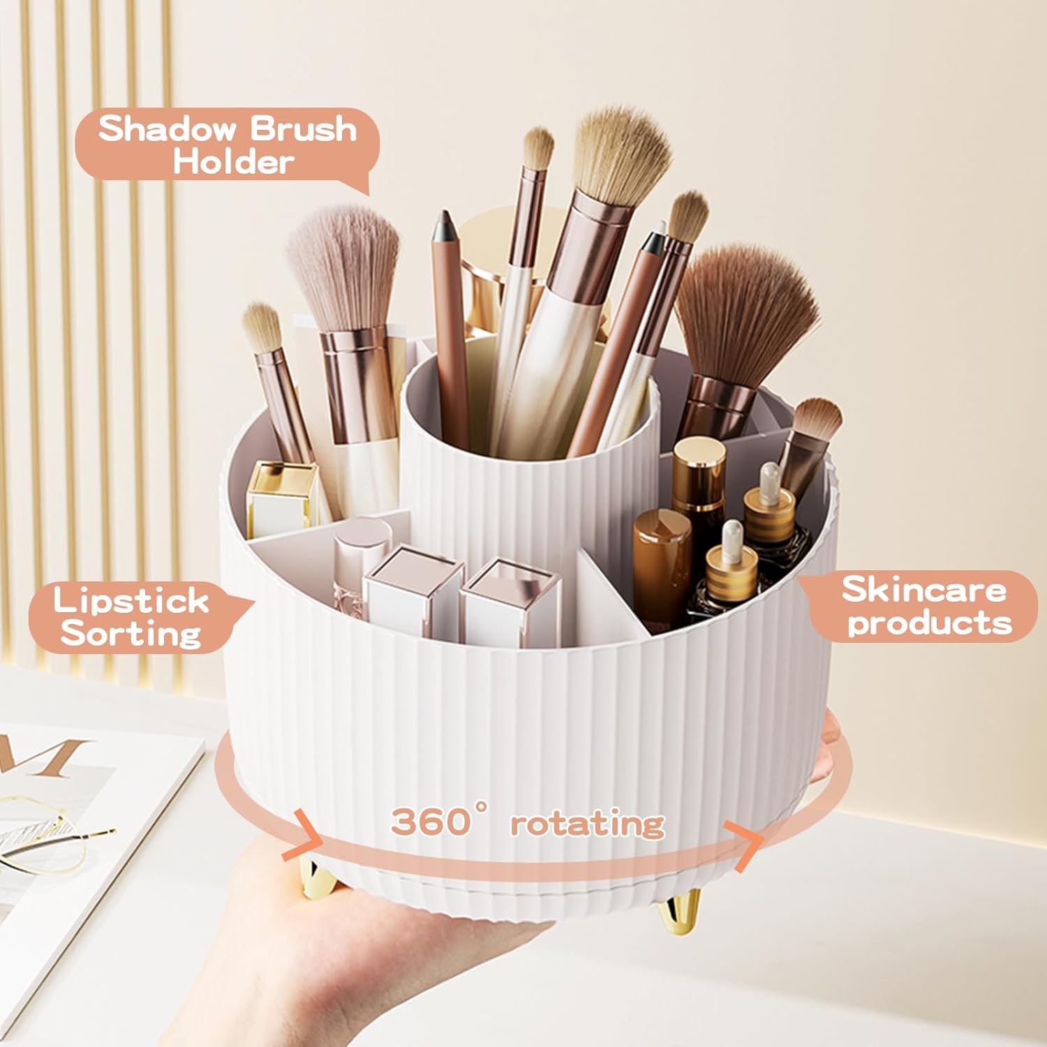 Detalle 2 de fanado 360° drehbarer Make-up-Organizer mit 5 Fächern (weiß) – Schminktisch & Badezimmer