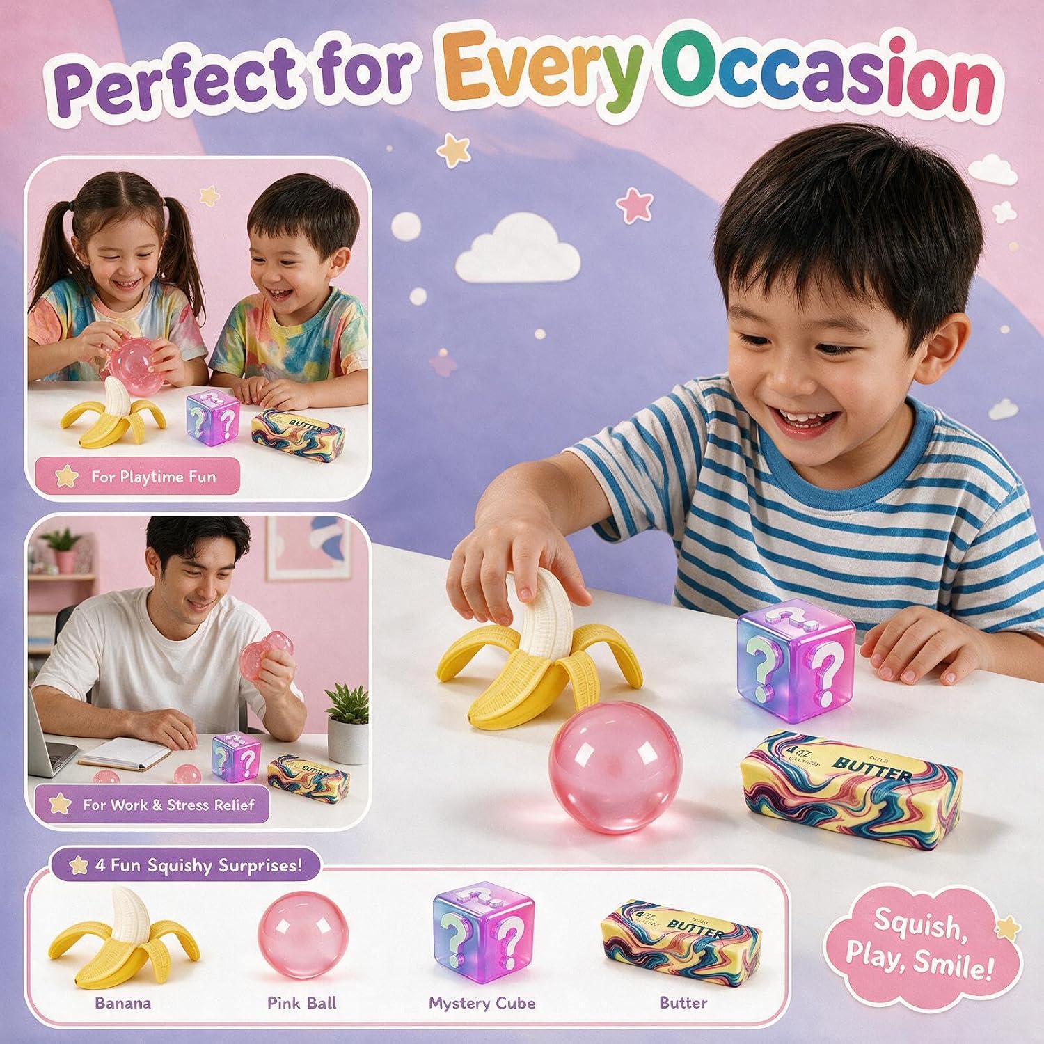 Detalle 2 de XXOUQL 4-Piece Squishy Pack, Butter and Banana TPR Squeeze Toys