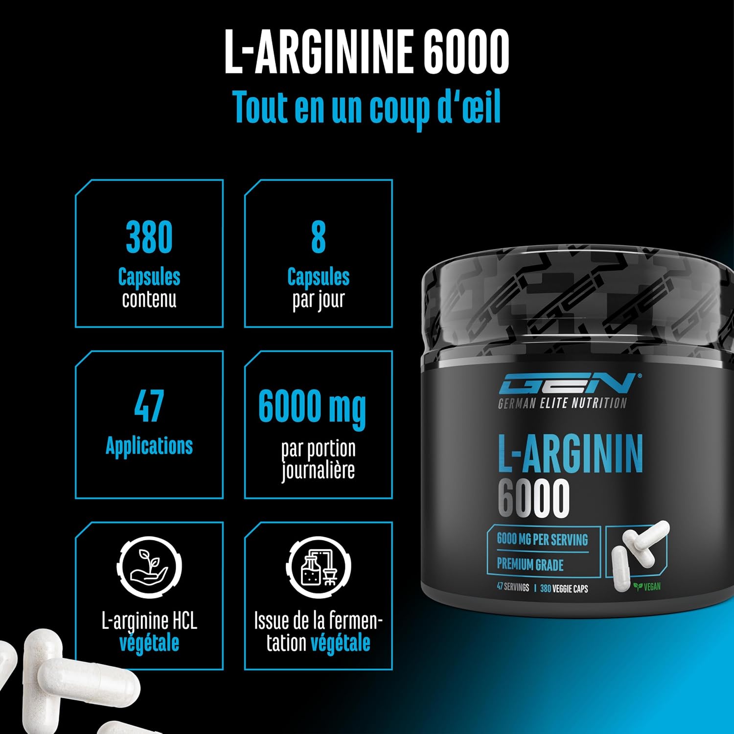 Detalle de German Elite Nutrition L-Arginin 380 gélules véganes – 6000 mg de L-arginine HCl par portion quotidienne