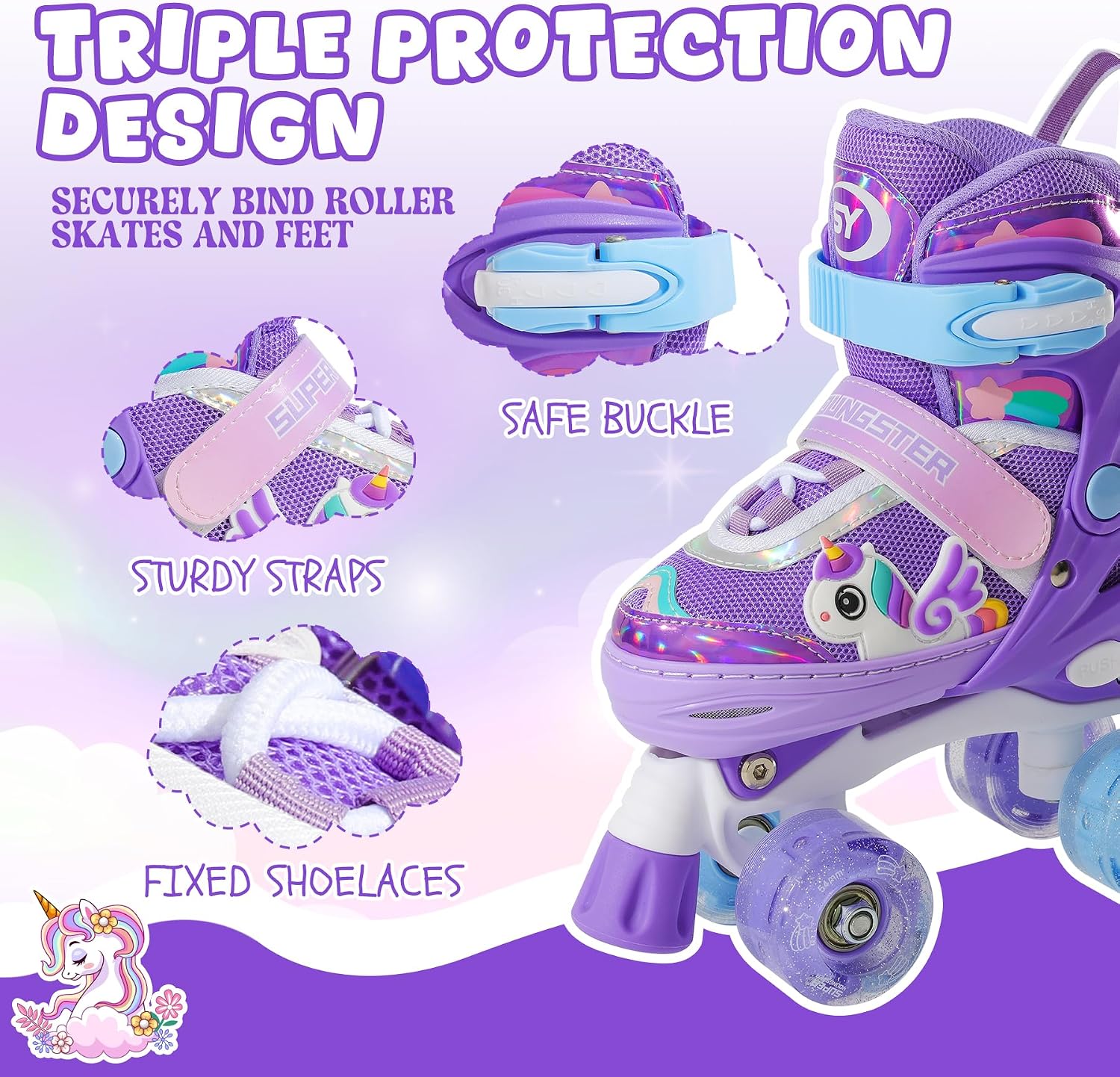 Detalle 2 de SUPER YOUNGSTER Adjustable Light Up Unicorn Roller Skates for Girls 🛼