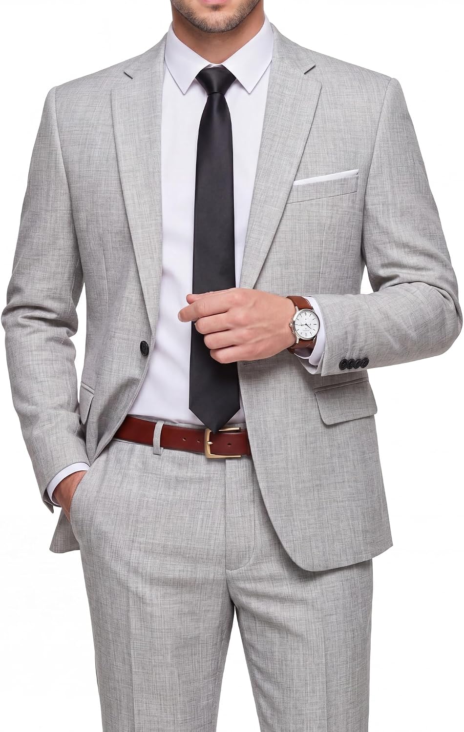Detalle de WULFUL Men’s 2-Piece Slim Fit Suit Set (One-Button Blazer Jacket + Pants) for Parties, Weddings & Business