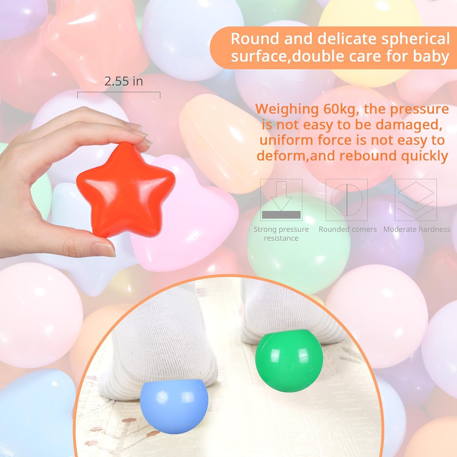Detalle 2 de Heopeis Ball Pit Balls Pack (100/200/500) – Star & Round, BPA Free, Non-Toxic Empty-Cavity Play Balls for Toddlers