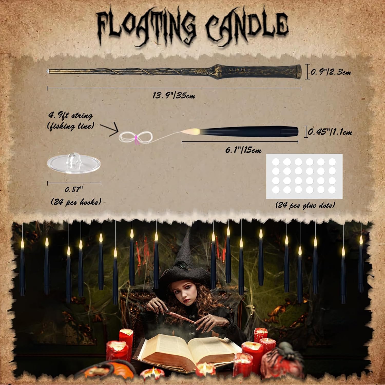 Thumbnail 1 de Eldnacele LED Schwebekerzen 22er-Set mit 6H-Timer, Fernbedienung und Zauberstab – schwebende, flammenlose Stabkerzen in Schwarz (Höhe 15,5 cm) für Halloween