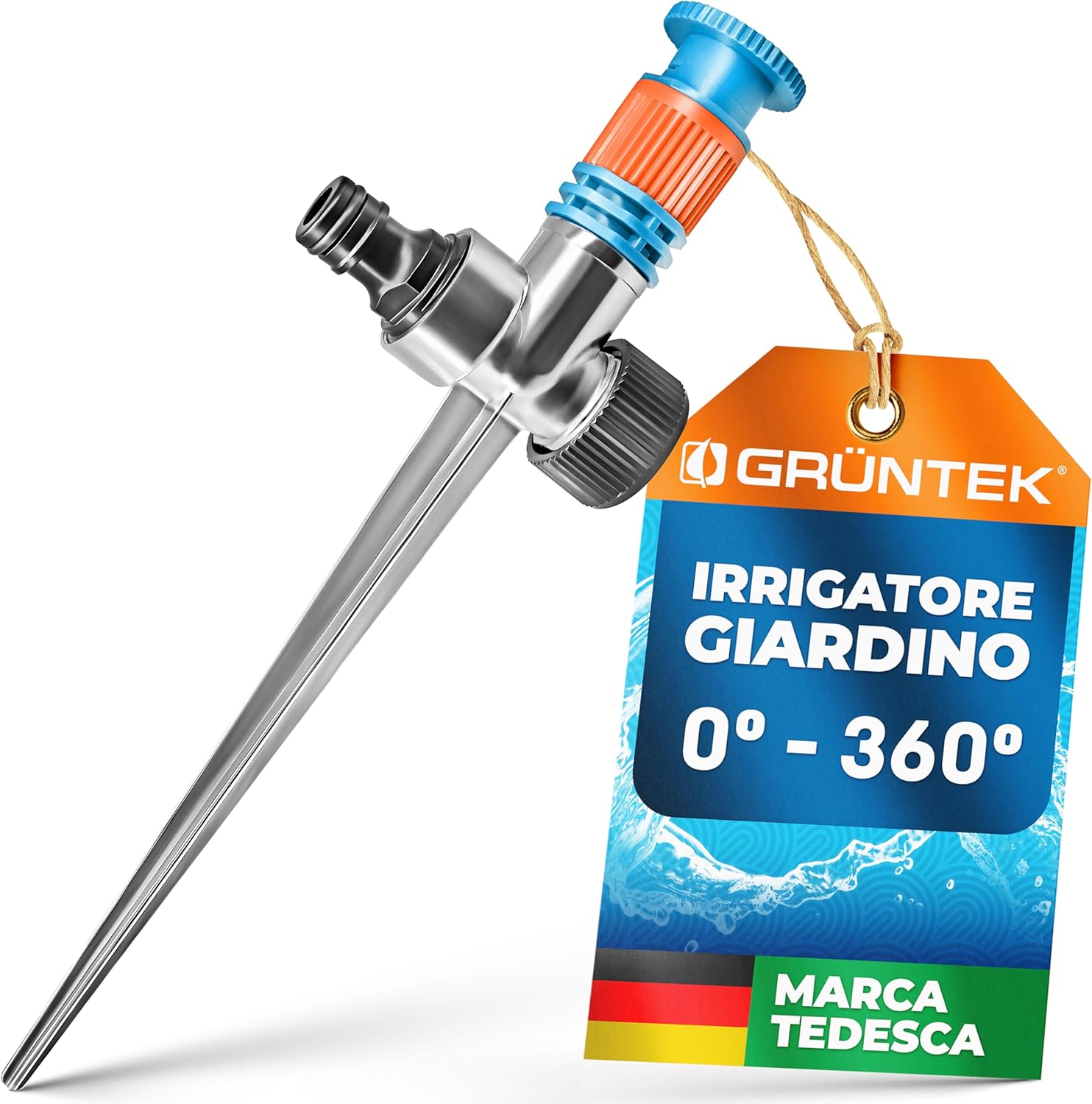 Irrigatore Giardino Circolare su Picchetto GRÜNTEK: regolabile in settori da 5° a 360° per prato e giardino