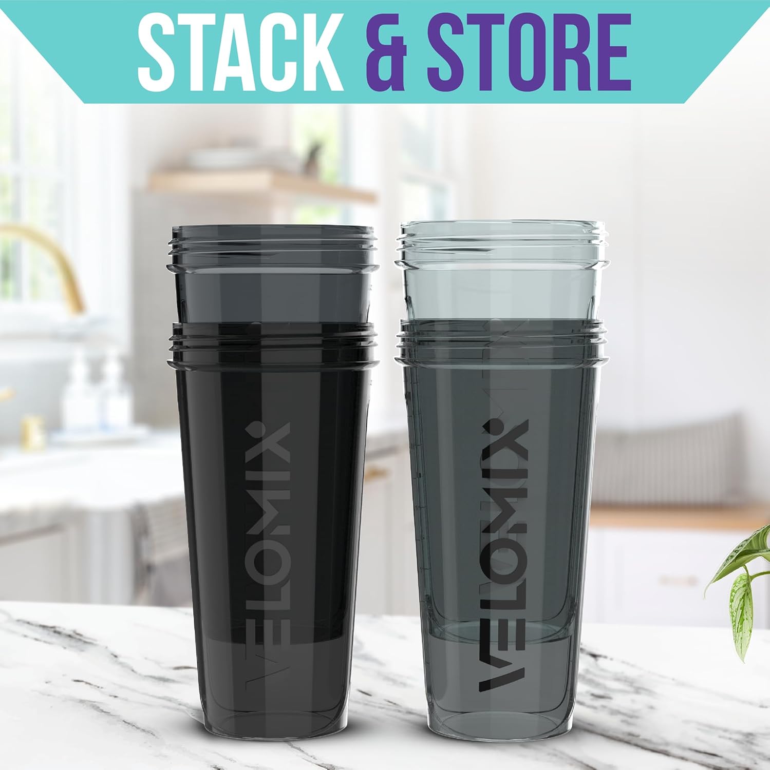 Detalle 2 de VELOMIX 4er-Set Eiweiß-Shaker 828 ml (BPA-frei, auslaufsicher, spülmaschinengeeignet)