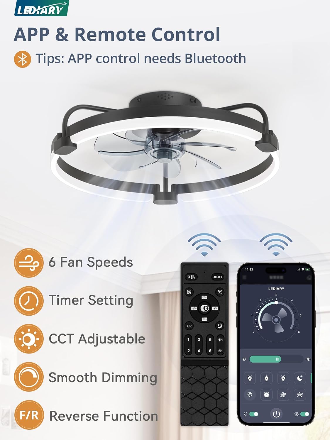 Detalle 2 de LEDIARY ceiling fan with light, 20-inch