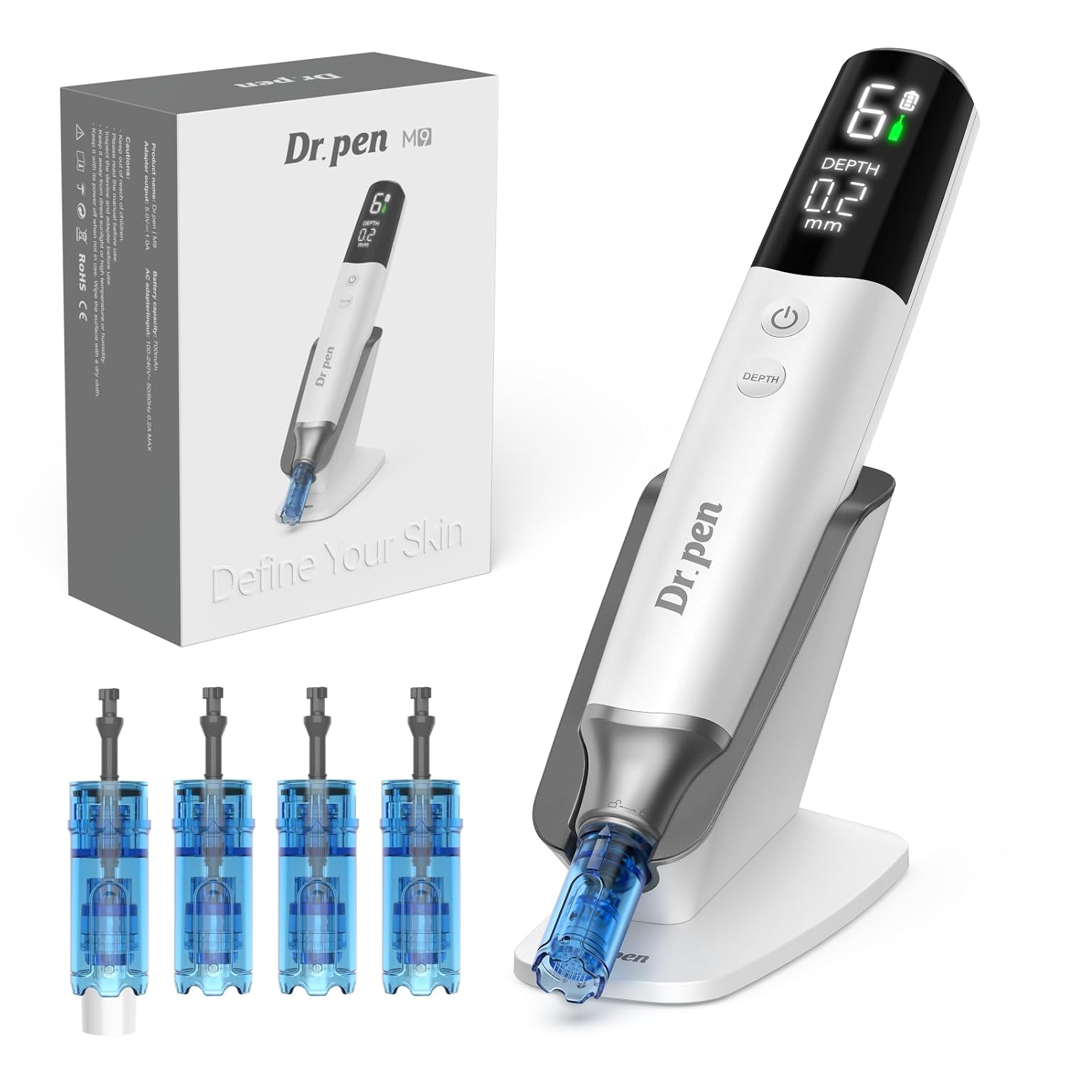 Detalle de Dr.pen Ultima M9 2026 kabellos Microneedling – Tiefeneinstellung 0–2,5 mm, LED-Display, 700 mAh Akku