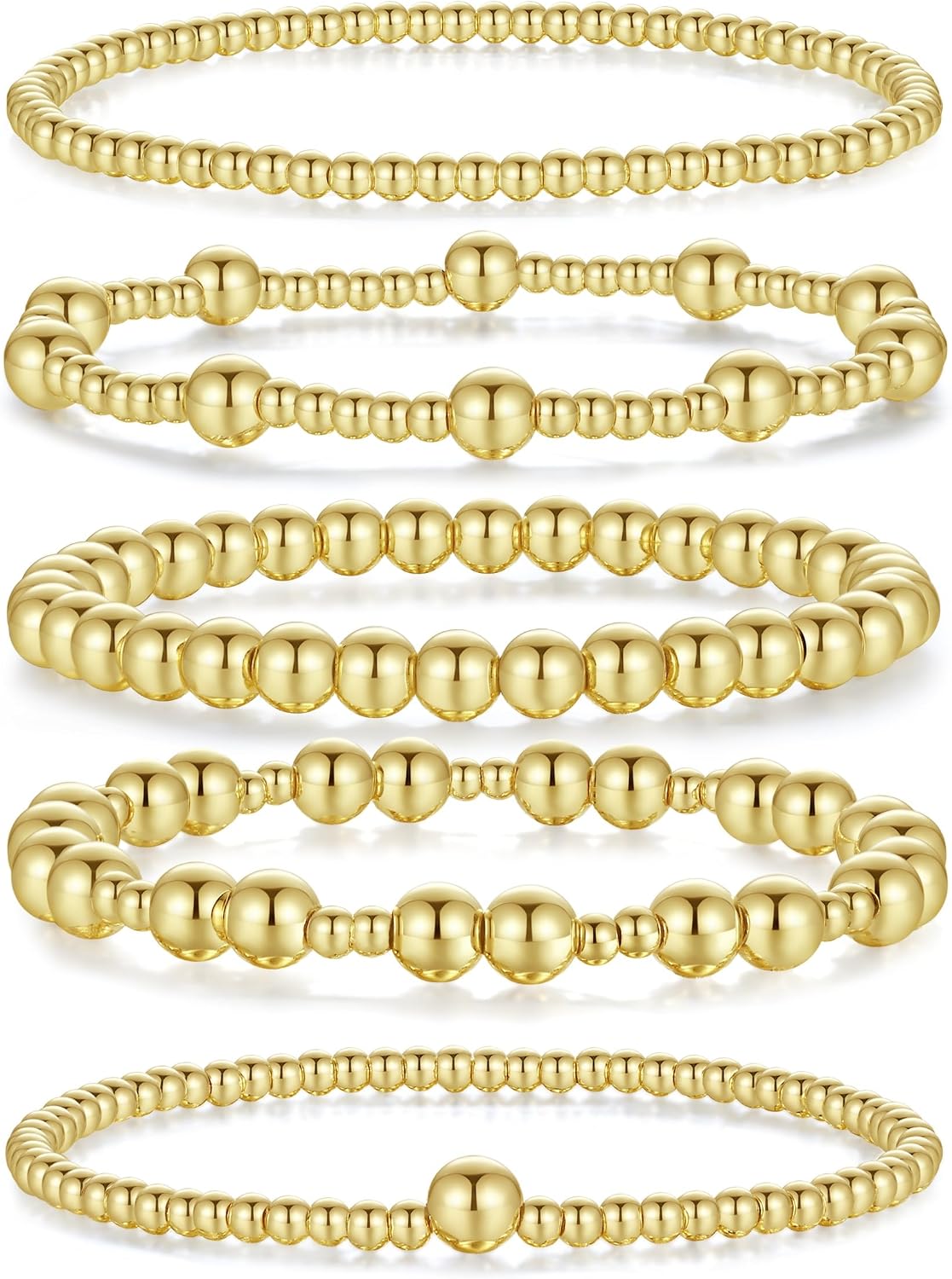 Detalle de Sahoottie 5 Pcs Gold Beaded Bracelets for Women – Gold Plated, Stretch, Stackable