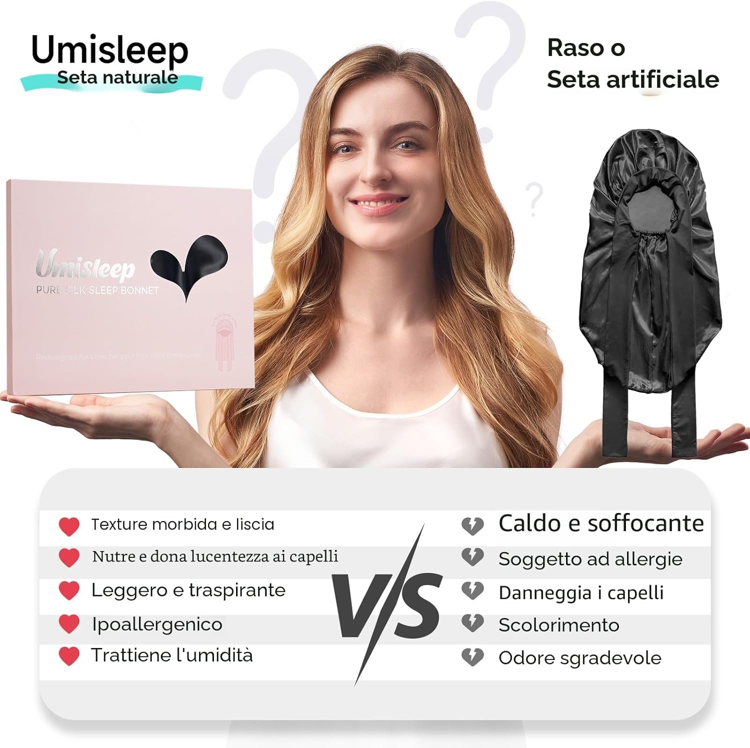 Detalle de Umisleep 22 Momme: cuffia in seta di gelso doppiamente rifinita per capelli voluminosi